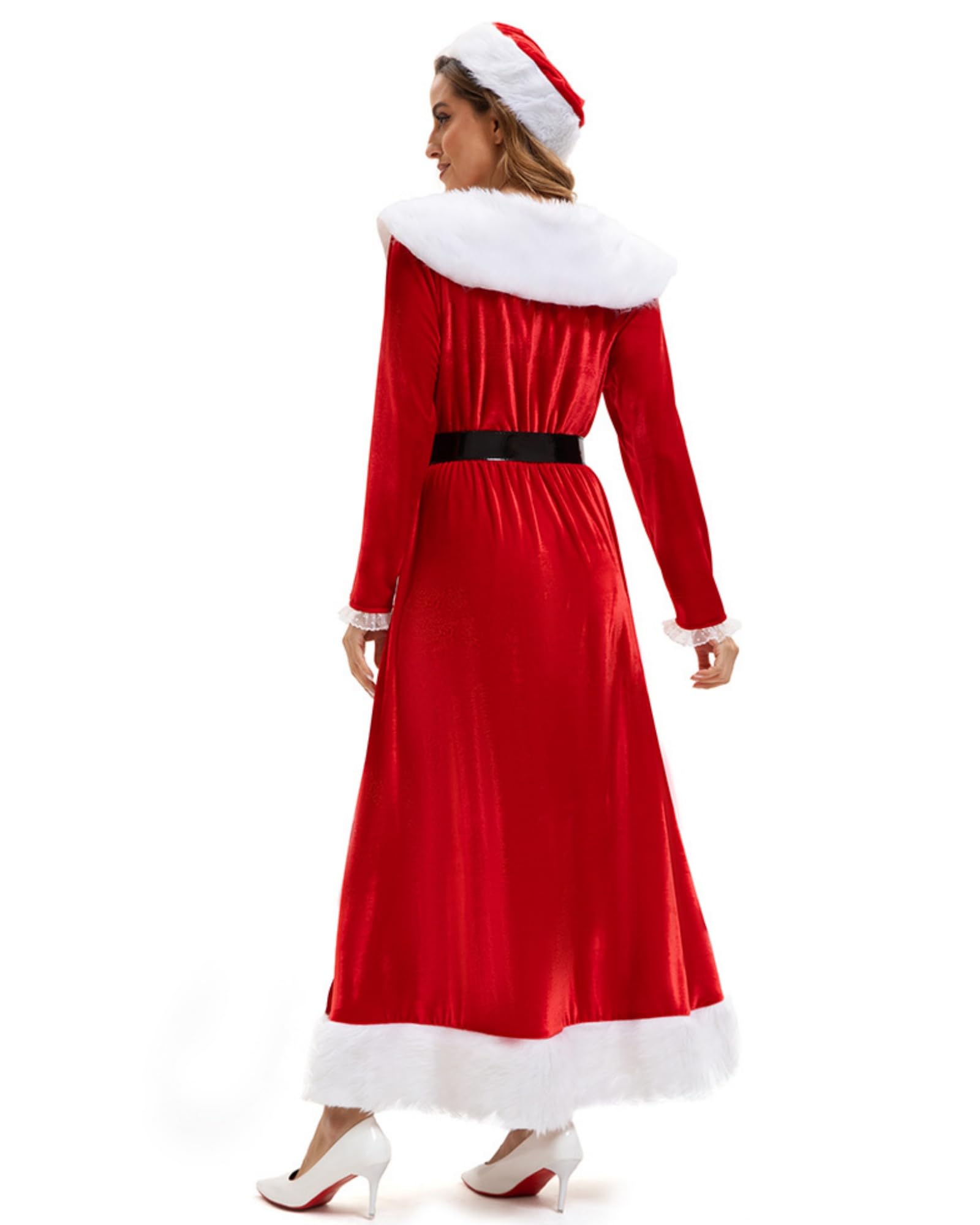 Costume de femme de Noël pour femme - Long costume en velours avec bonnet, rouge et blanc classique - Costume de Mme Claus - Robe et tenue de Noël