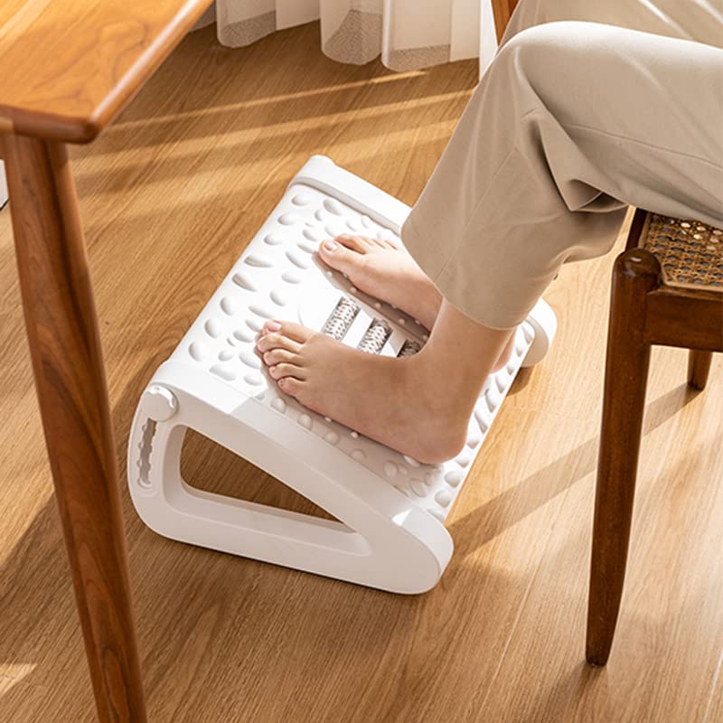 Poggiapiedi Ergonomico con Funzione Massaggio, per Migliorare la Postura, Angolo Regolabile e 6 Diverse Posizioni di Altezza, Sgabello di Plastica per Viaggio Ufficio e Casa,Bianca