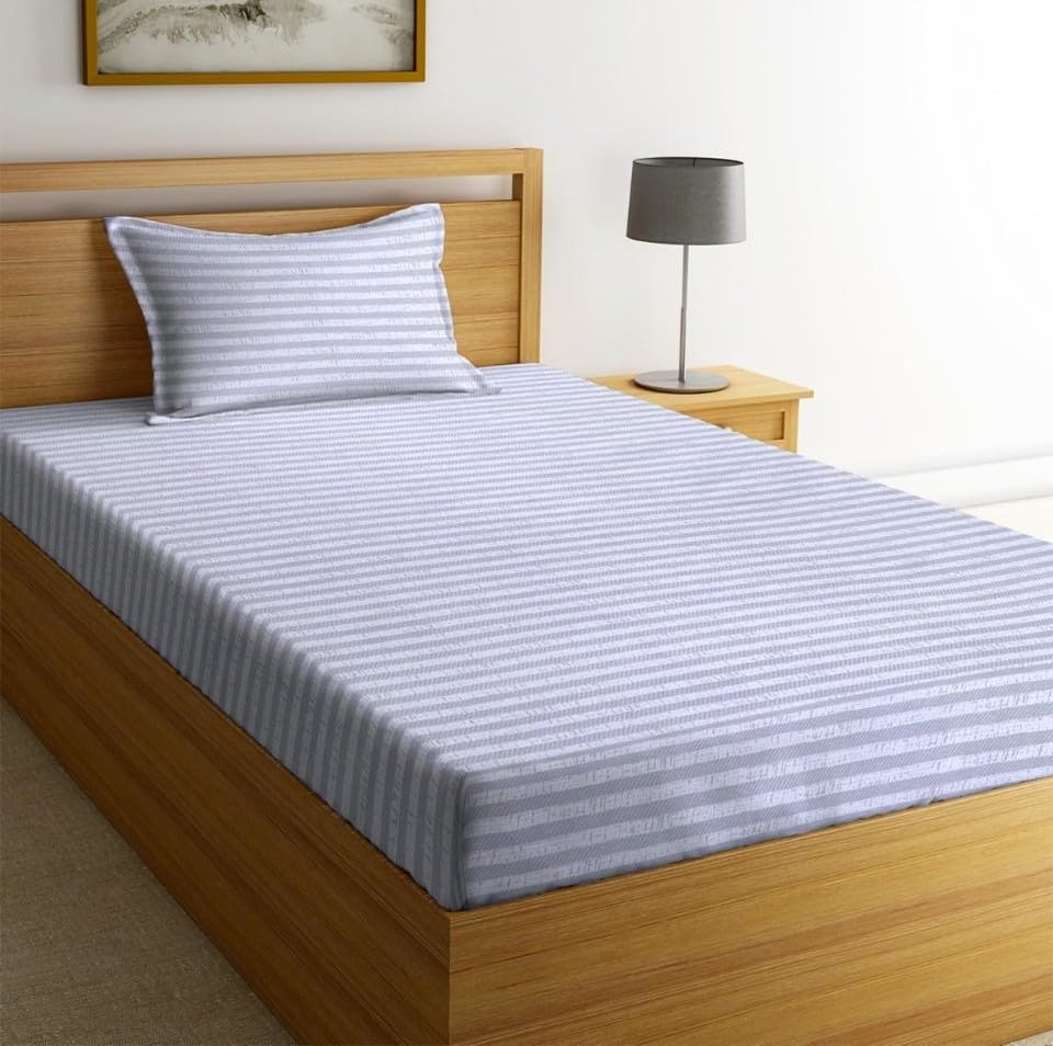 NHD HOME Glace Cotton 220 TC Flat Single Bedsheets for All Season Breathable | Wrinklefree (Size-60 X 90 Inch) with 1 Pillow Covers (Size-17 X 27 Inches, Thin Striped Color- Light Blue) (B0DG23ZP56) Amazon Price History, Amazon Price Tracker