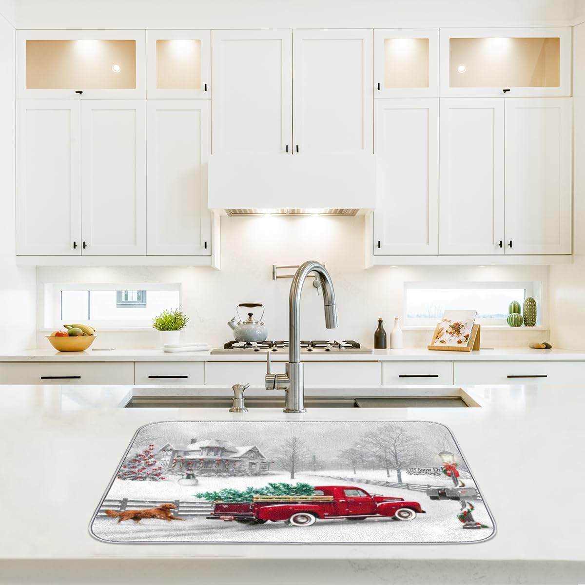 Xmas Red Truck Dog Dish Drying Mat for Kitchen Counter Winter Merry Christmas Absorbent Drying Pad Countertop Dishes Drainer Mats Washable Coffee Bar Mats 18x24 Inch