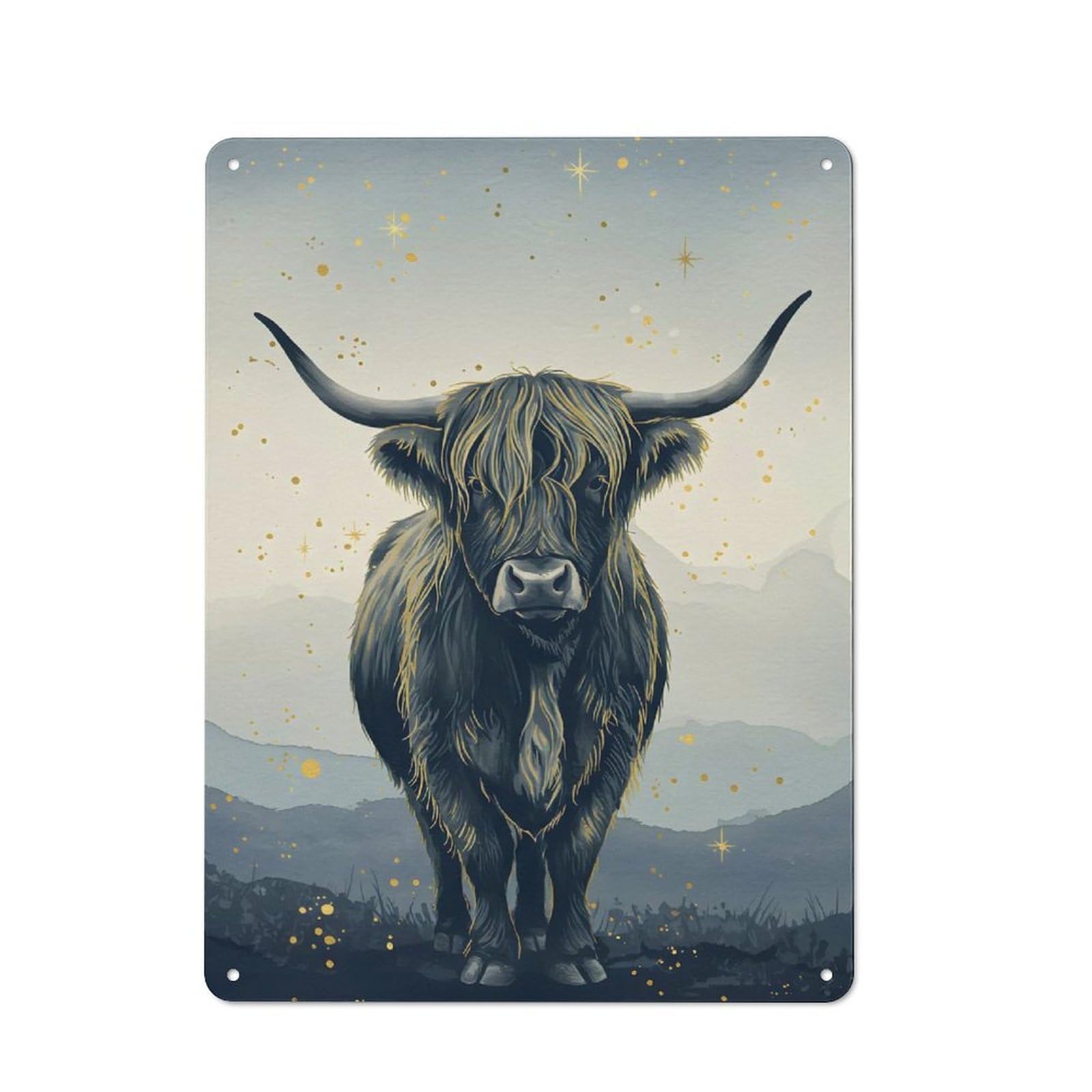 Retro Metal Wall Sign 40x30cm with Highland Cow Watercolor with Gold Accents for Hallway Wall, Gift for Wall Display Collectors during The Christmas Season