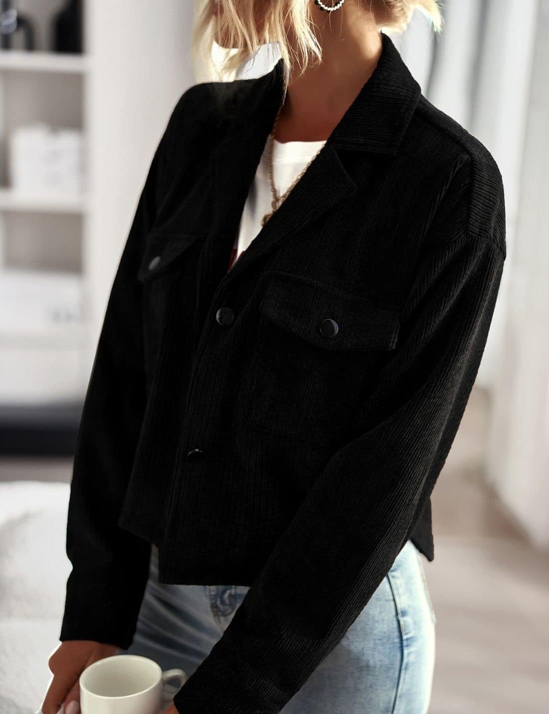 Kwoki Women's Corduroy Jackets Casual Button Down Cropped Shacket Fashion Trendy Crop Top Blazers - Image 4