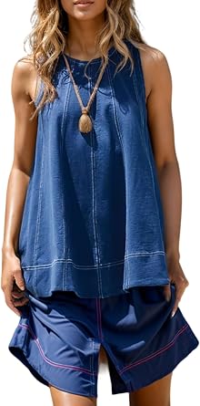 2 Piece Sets Sleeveless Tank Top and Shorts Matching Set with Pockets Crew Neck Beach Vacation Outfits