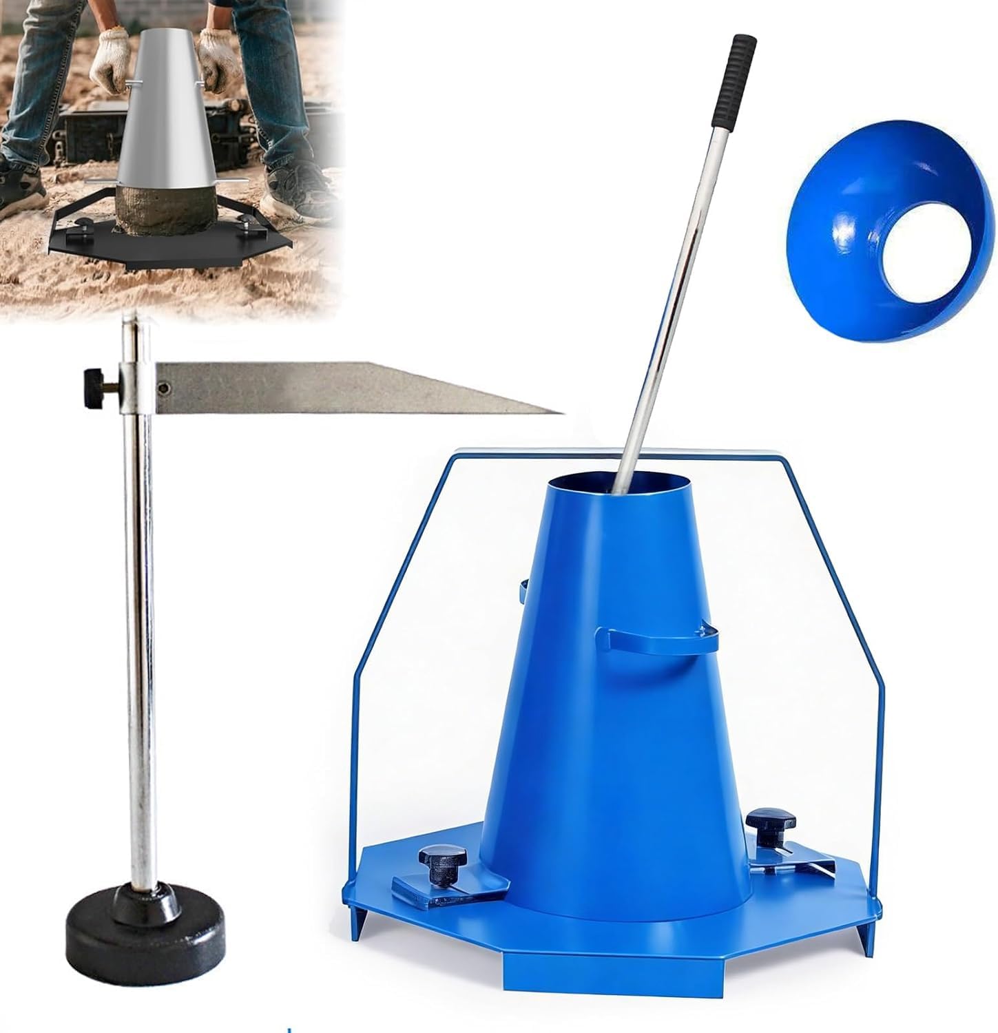 Kit per la Prova di consistenza del calcestruzzo con Cono, Attrezzatura Industriale in Acciaio per la Prova di consistenza del Cono con Asta di compattazione, Righello e Piastra di Base
