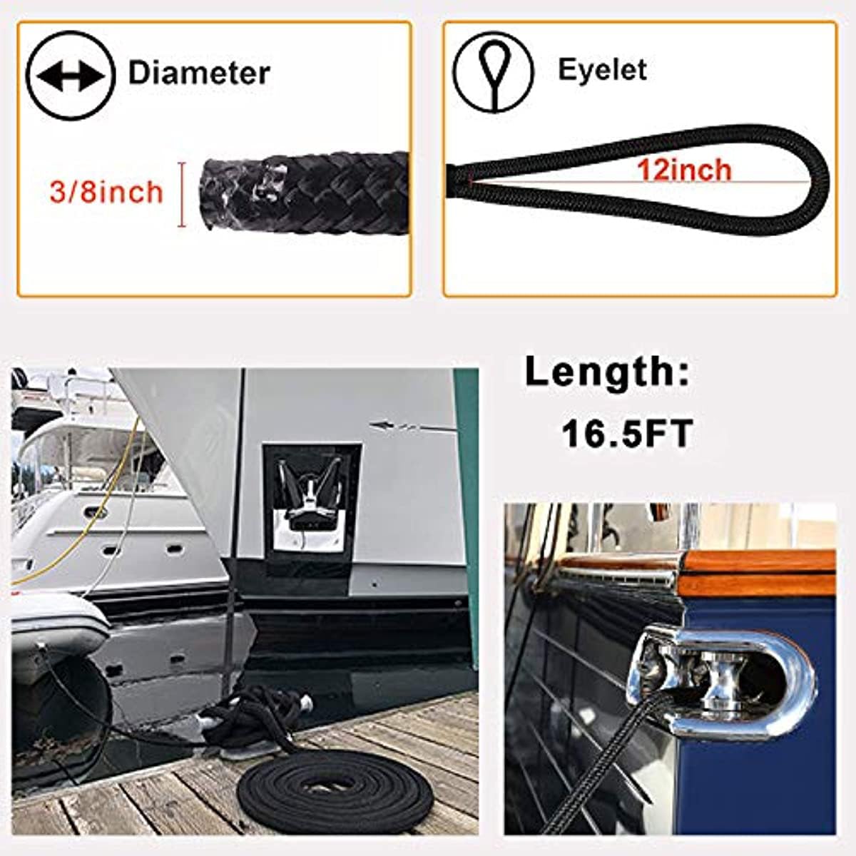 Bootsleine 6 Stück doppelt geflochtene Dockleine aus Nylon for Boote, Marine, 3/8 Zoll, 16,5 Fuß, Bootsseile und -Binder for Andocken mit 12-Zoll-Schlaufe for Festmachen