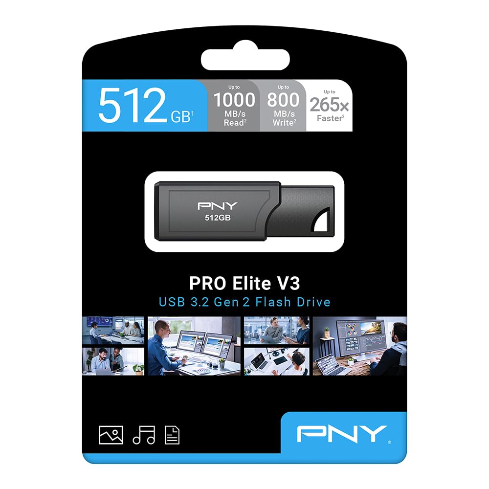 PNY 512GB USB PRO Elite V3 USB 3.2 Gen 2, fino a 1000 MB/s in lettura, 800 MB/s in scrittura, prestazioni estreme per archiviazione e trasferimento di dati, design metallo premium, connettore tipo A