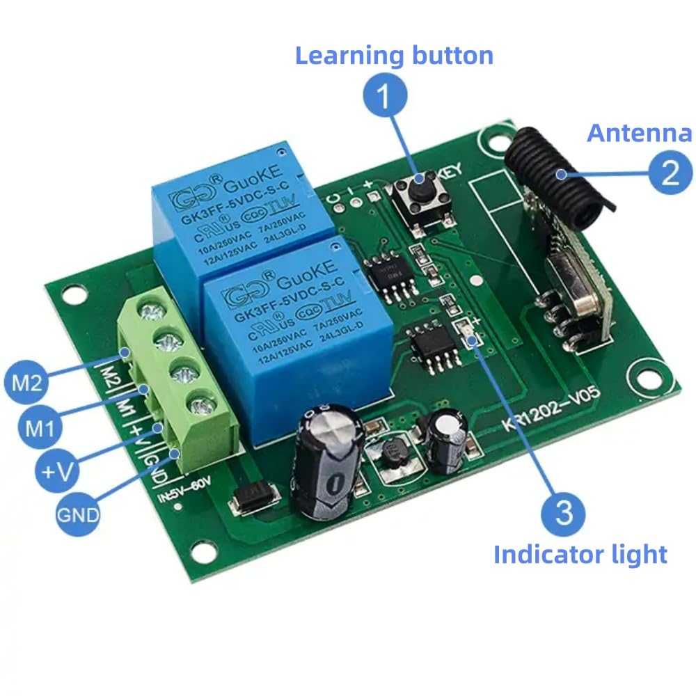 Contrôleur de moteur DC 12V DC, Commutateur de télécommande sans fil RF 433Mhz 10A Récepteur de relais avec 4 émetteurs, pour la rotation avant et arrière des moteurs, porte de porte, volet roulant