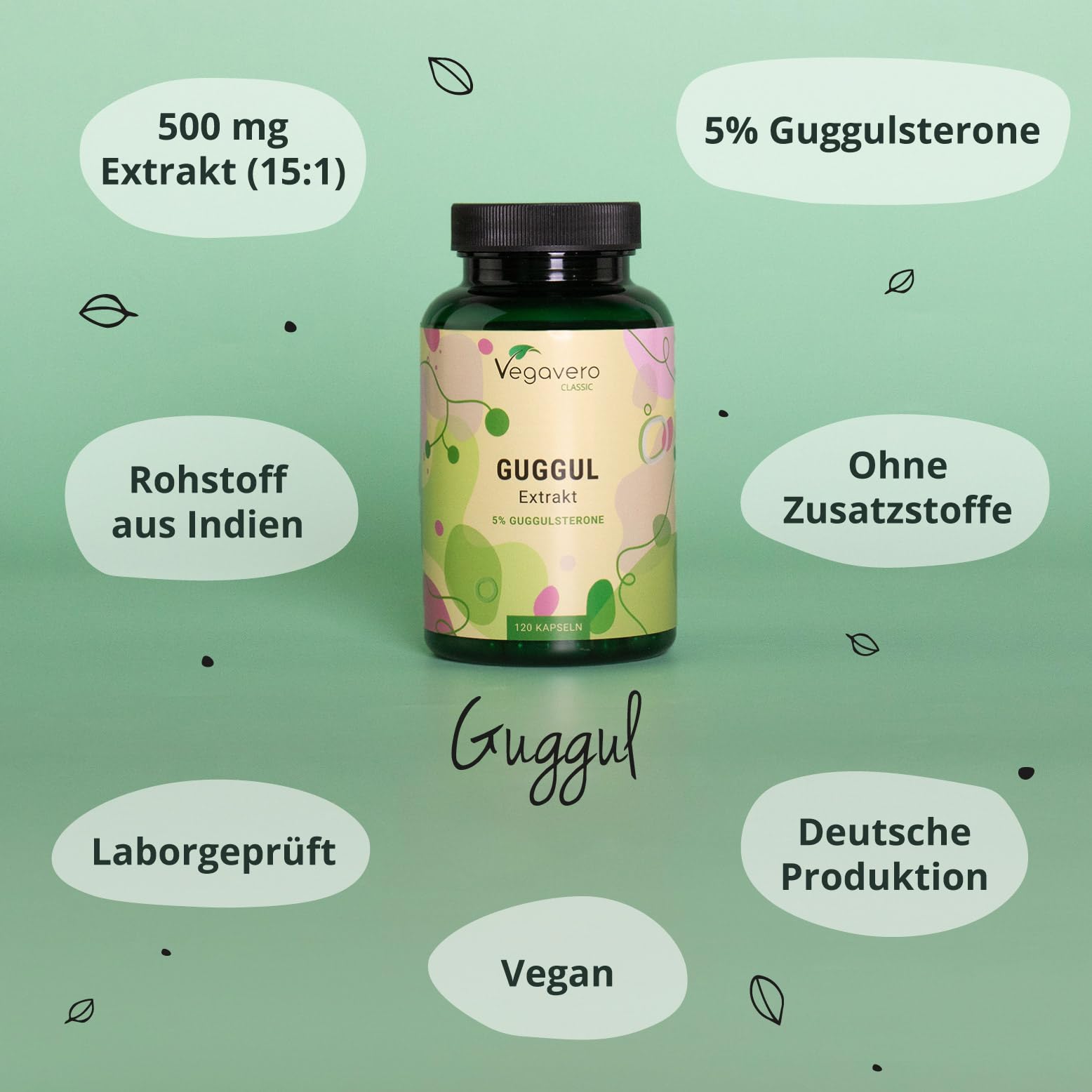 Vegavero Guggul Kapseln Ayurveda hochdosiert (120 vegane Kapseln) - 500 mg Extrakt (15:1) mit 5% Guggulsteronen - Commiphora Mukul Harz aus Indien - 4 Monate Vorrat - Laborgeprüft