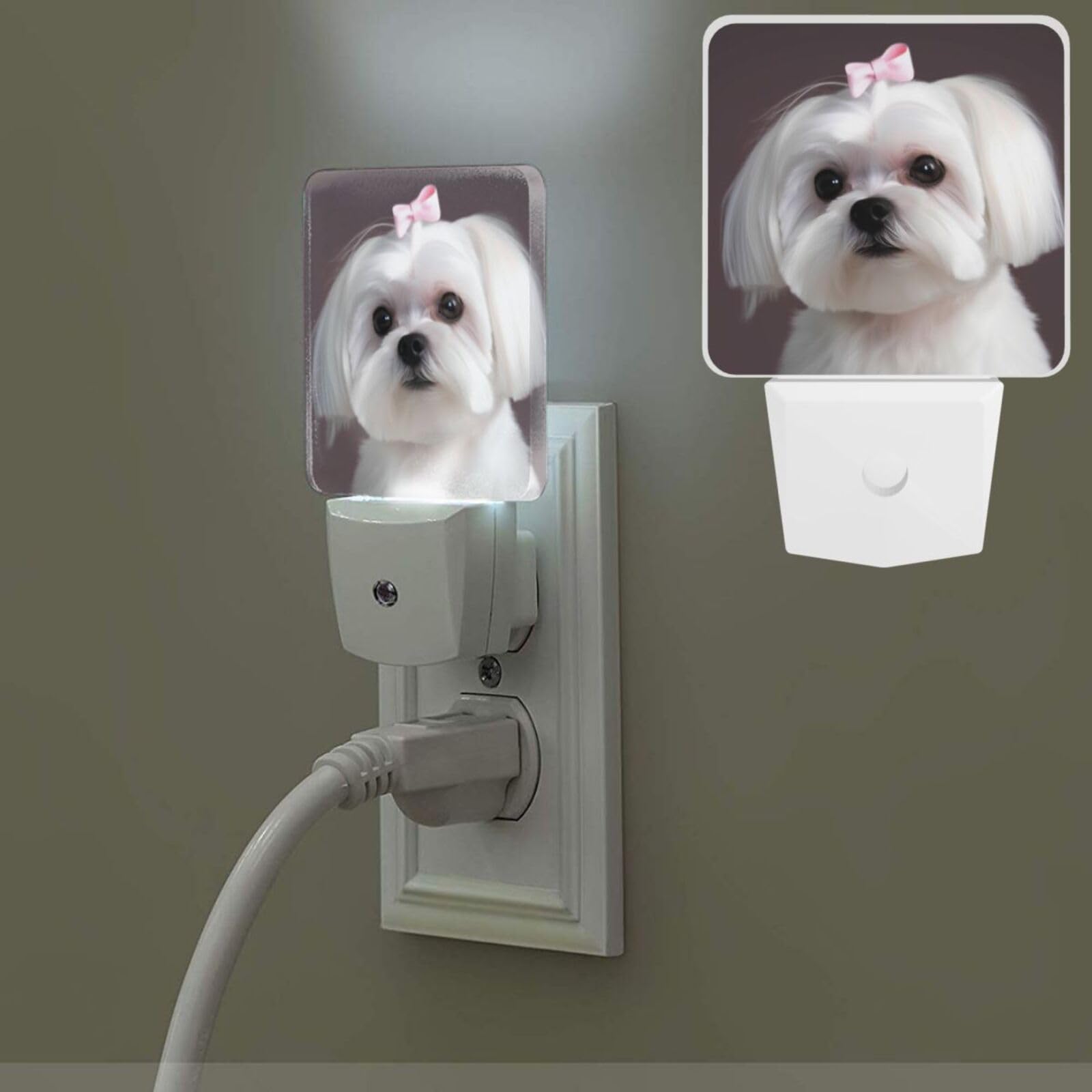 Lovely Maltese Dog Night Light Plug-in Led Nightlight Auto On/Off Smart Night Lights Dusk to Dawn Sensor Night Lamp for Bedroom Bathroom Hallway Stairways 0.5W