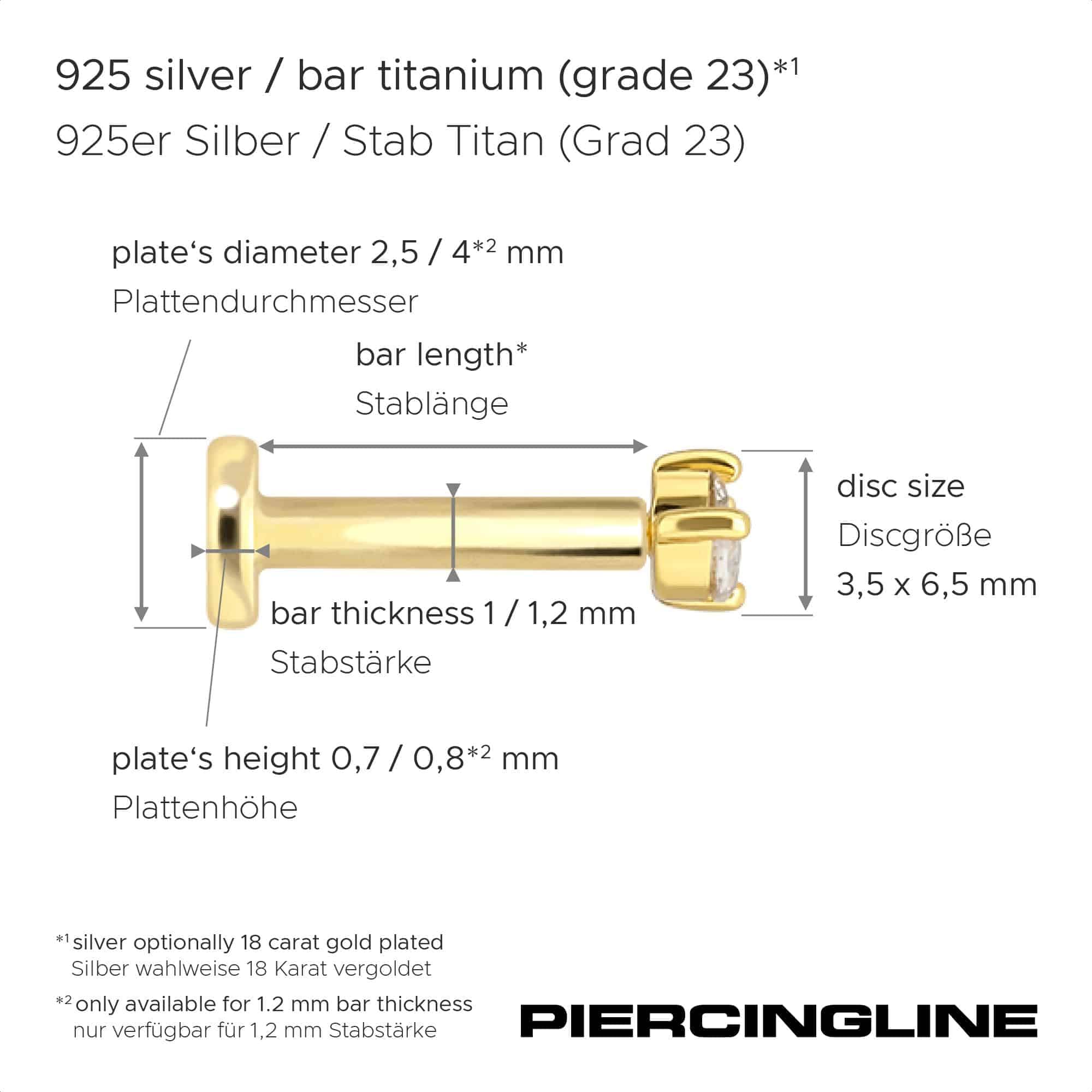 PIERCINGLINE Piercing Stecker Titan Labret mit Innengewinde + 925er Silber Aufsatz MOISSANIT-LOTUSBLÜTE - Goldfarben, Silberfarben