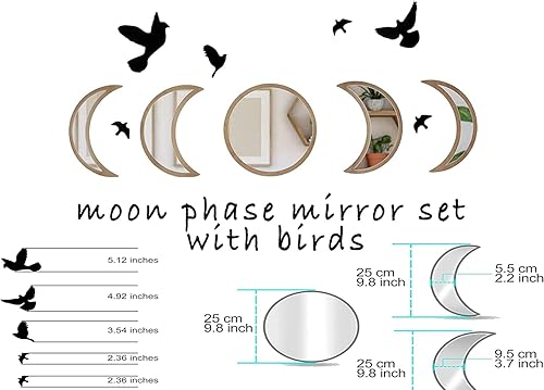 Miniatura 3 de NESHE Juego de espejos de fase lunar  5 piezas de decoración de pared bohemia natural escandinavo  Decoración de arte rústico para interiores de