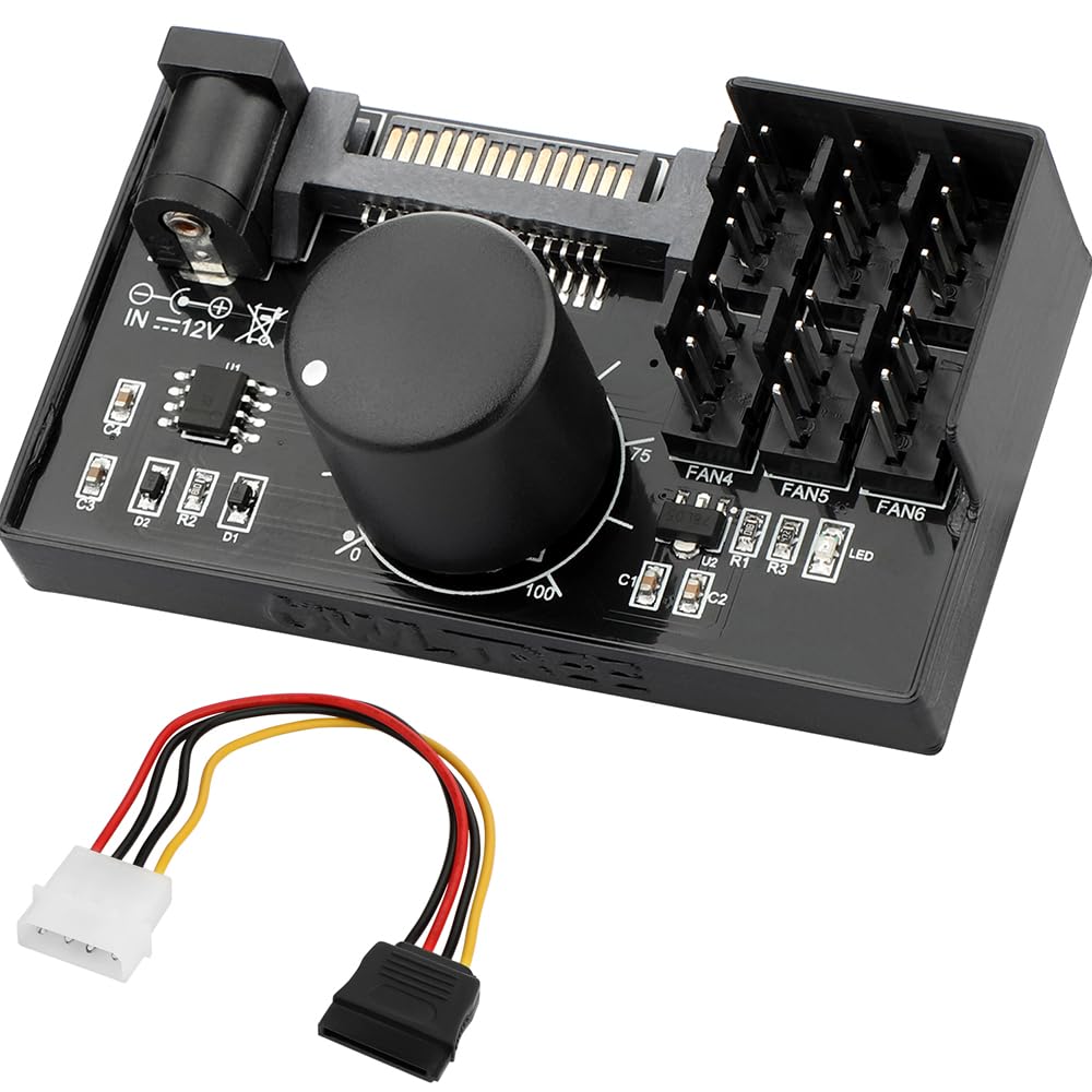 4 Pin 12V PWM Fan Controller 6 Fans Supported , PC Fan Adapter Hub Powered by SATA and DC 5525, Cooling Fan Speed Knob with Max Total 60W...