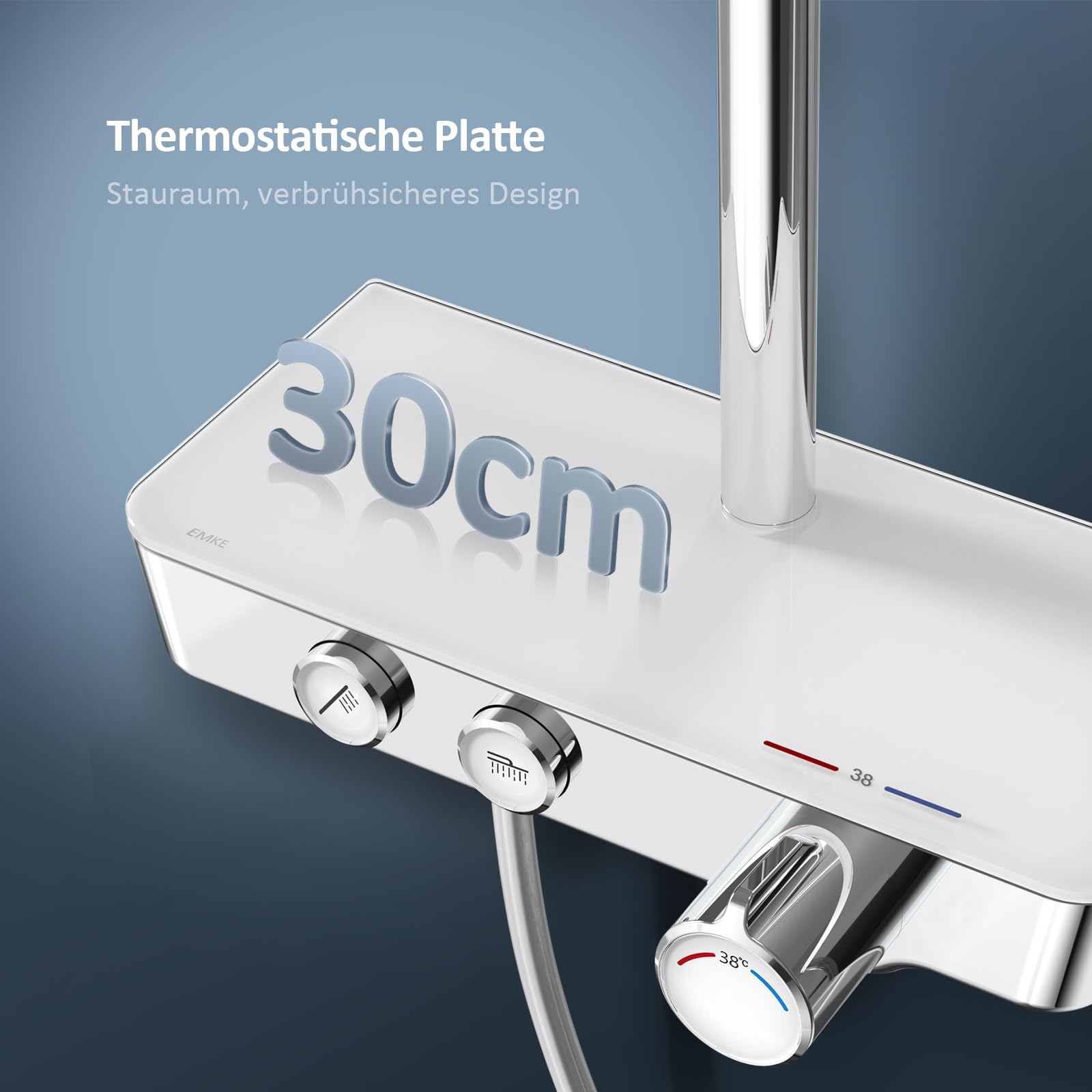 EMKE Sistema de ducha con termostato, juego completo con ducha de lluvia, termostato, columna de ducha de mano con 3 chorros, certificado KTW, set de ducha con estante de cristal, cromo