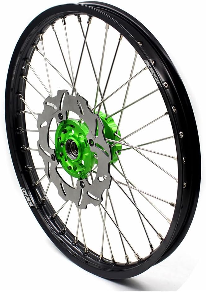 KKE 1.6 * 21 & 2.15 * 19'' Dirt Bike Motorcycle Spoked Wheels Rim Compatible with KAWASAKI KX125 KX250 1993-2002 Green Hub
