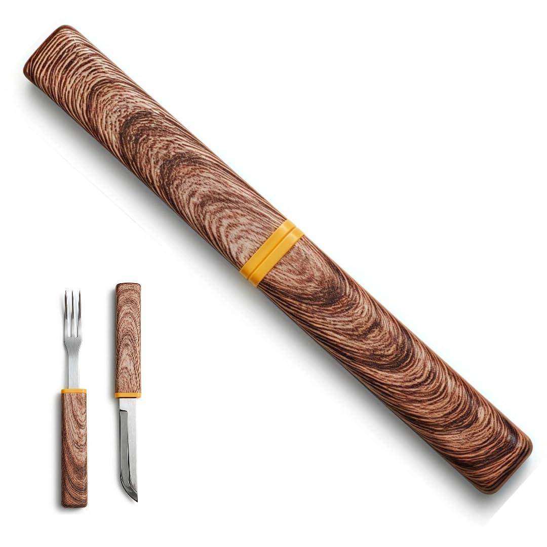 – 2-in-1 Interlocking Travel Cutlery Set, Knife Fork Set, 420 Stainless Steel with Wood-Grain ABS Handle, Silent Carry, Portable for Lunch Box, Office, Camping (1)