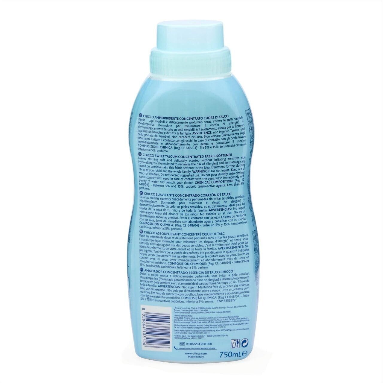 12x Chicco Sensitive Ammorbidente Concentrato Sweet Talcum, ideale per tutti i capi,ipoallergenico, senza coloranti, 30 lavaggi 750ml + Portachiavi Beni Culinari in Omaggio