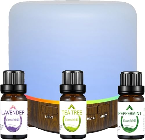 Difusor de aceite esencial con juego de aceites esenciales, 4.1 fl oz, 7 colores LED, humidificadores de apagado automático, aceites esenciales,
