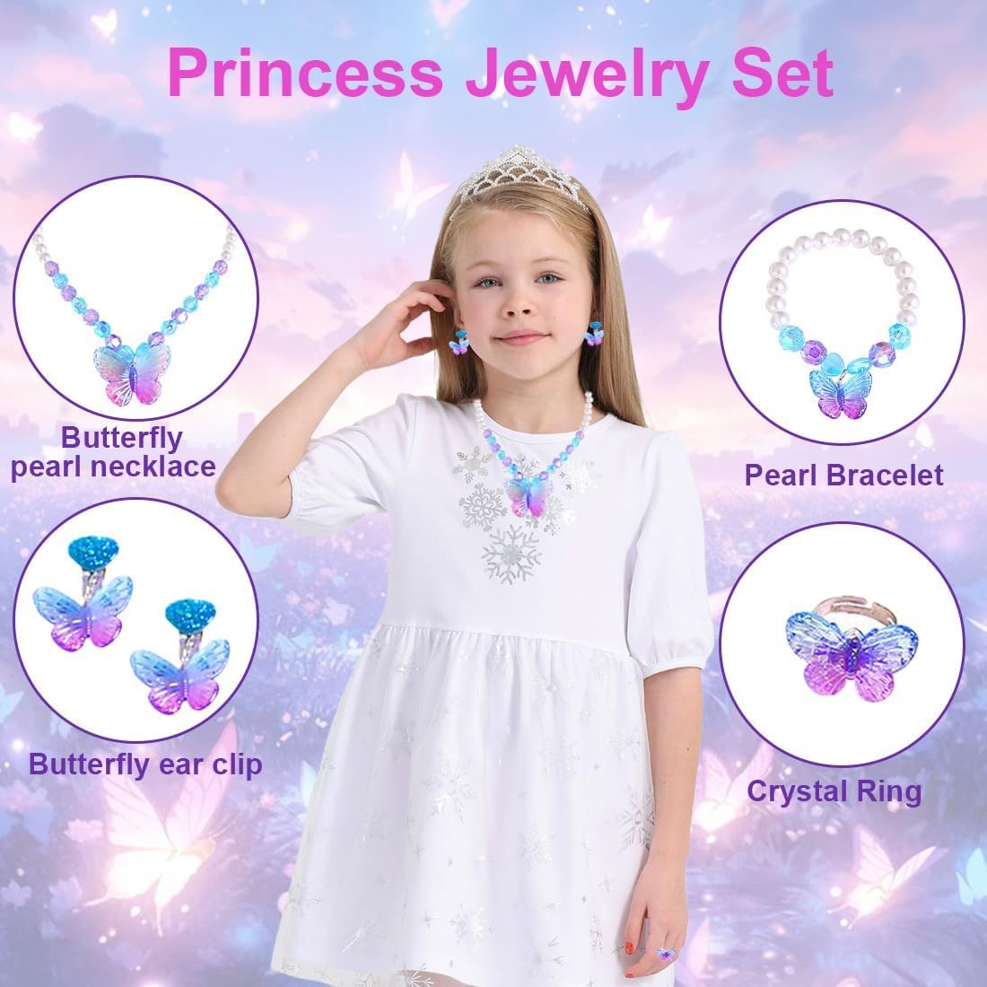1-Pack Butterfly Jewellery Kit for Girls – Princess Dress-Up Set with Assorted Pearl Bead Necklace, Bracelet, Earrings & Ring – Kids Costume Accessories Gift 1