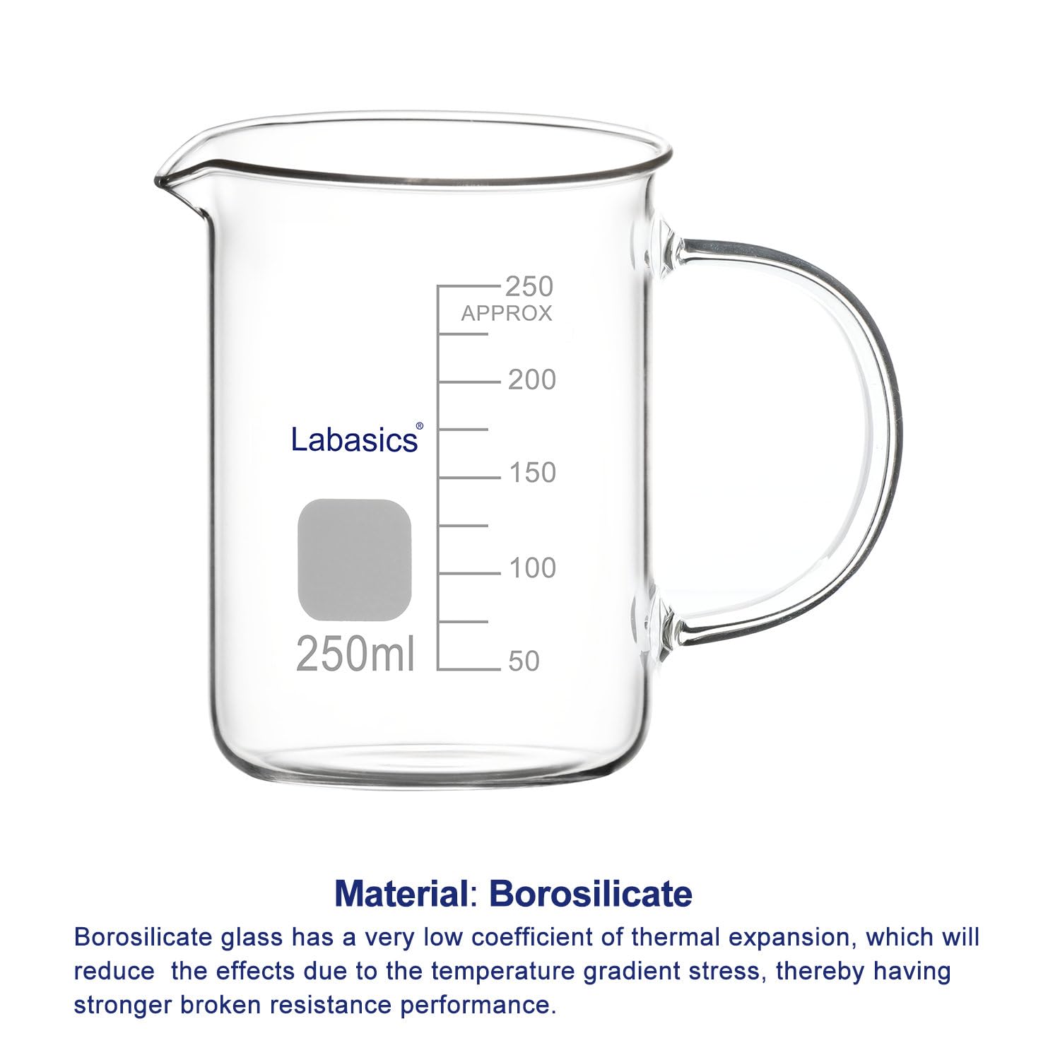 Labasics Bicchiere di Vetro, G3.3 Bicchiere Graduato in Vetro Borosilicato da Laboratorio Bicchiere di Misura Trasparente Bicchiere di Forma Bassa Griffin con Manico e Beccuccio, 250 ml