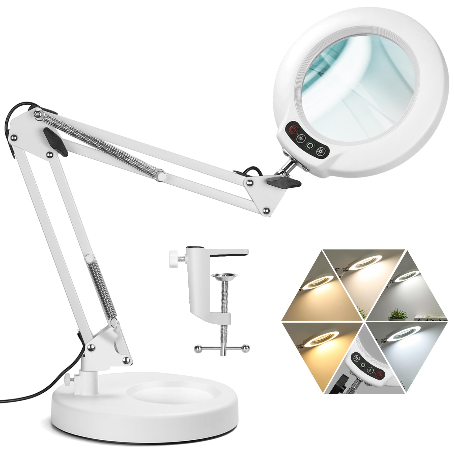 Veemagni 12X Lupa con luz, 5 Modos de Color, Regulable sin Niveles, lámpara de Escritorio 2 en 1 y Abrazadera, Lupa iluminada LED con luz y Soporte, Manos Libres para Manualidades, aficiones, Pintura