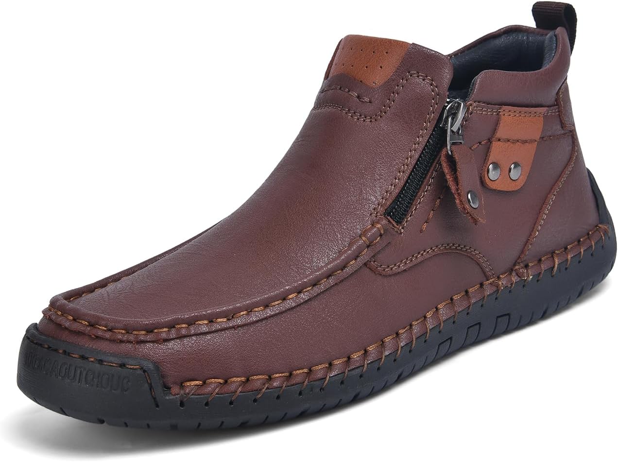 Mens Casual Leather Barefoot Shoes Slip On Ankle Chukka Boots Comfy Walking Driving Shoes for Men