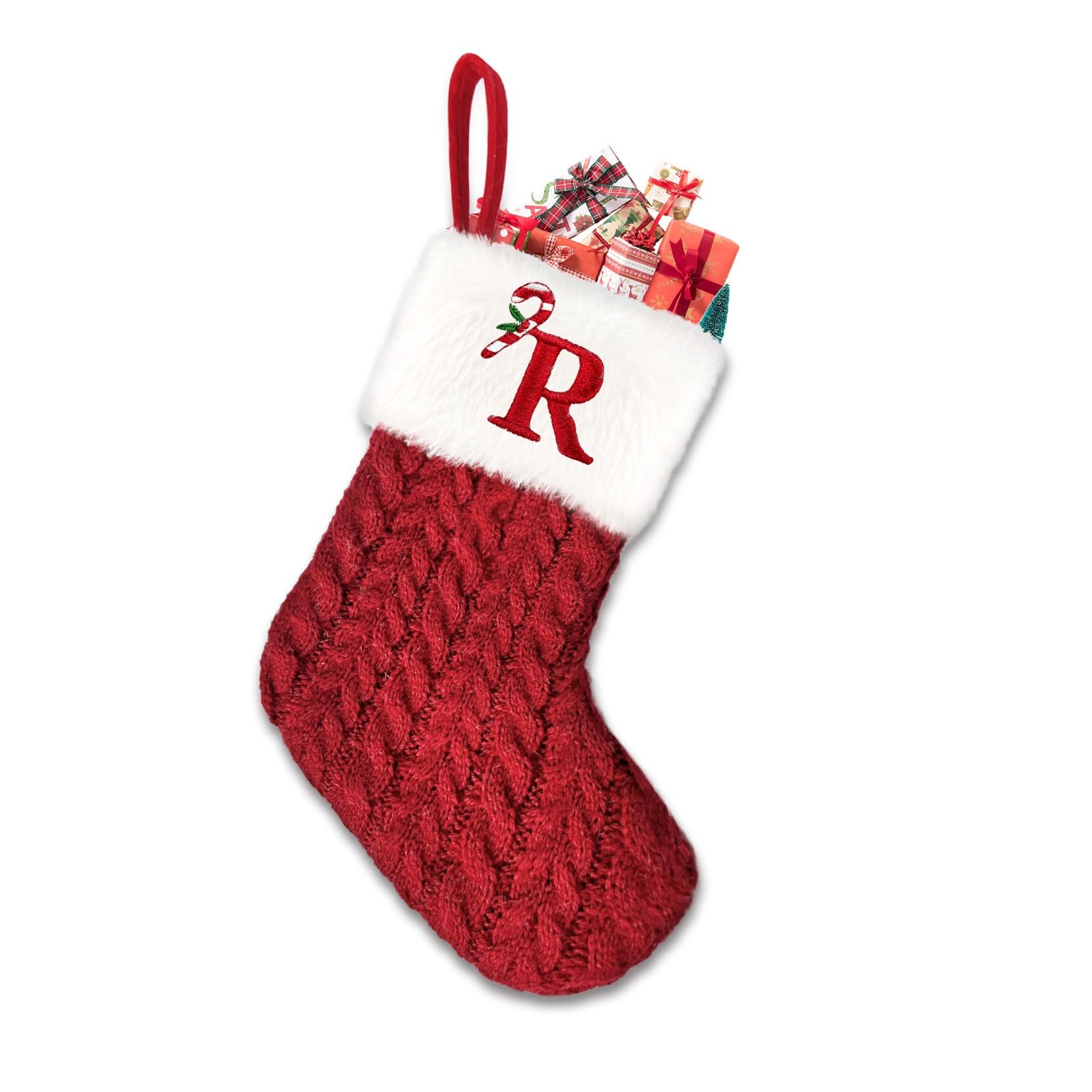 Urijk Monogram Christmas Stockings Personalised Christmas Stockings with Letters Red Velvet Embroidered Stocking Classic Xmas Stockings Fireplace Hanging Ornament Tree Decorations Xmas Decor 20CM-R