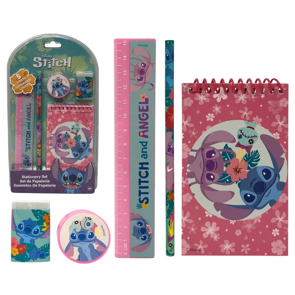 CARTOON Disney Marvel 5 Piece Stationery Set Notepad Pencils Accessories Gift (Stitch & Angel)