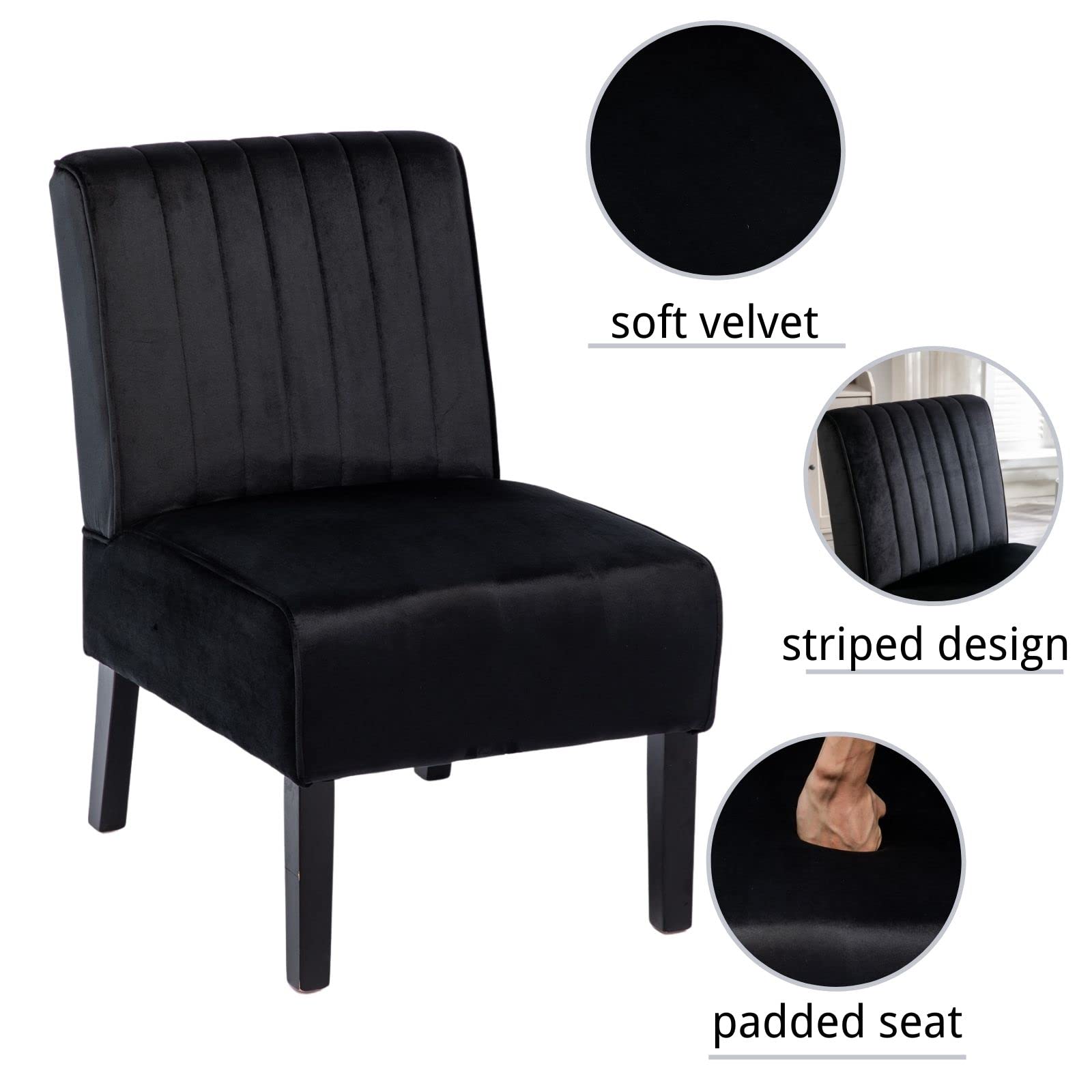 Living Room Chair Armless Accent Chair Leisure Side Chairs Velvet Vanity Chair Corner Upholstered Tufted Backrest Seat w/Wood Legs for Bedroom Furniture (Black)