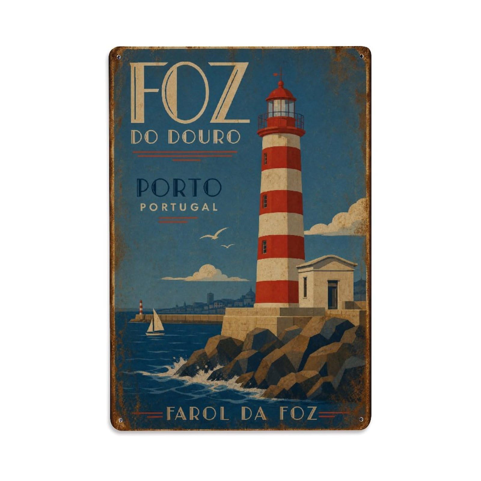 Huiyhb 8X12inch(20X30cm) Vintage Travel Foz Lighthouse Coastal Landmark Portugal Metal Tin Sign