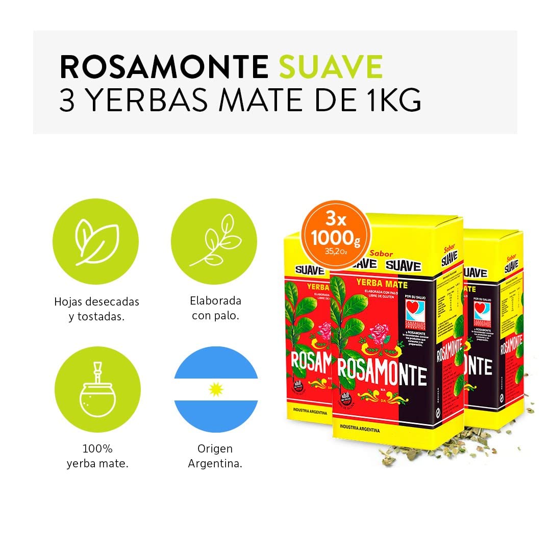 Pack de Yerba Mate Rosamonte Suave 1Kg - 3 Unidades - Total 3 Kg de Yerba Mate