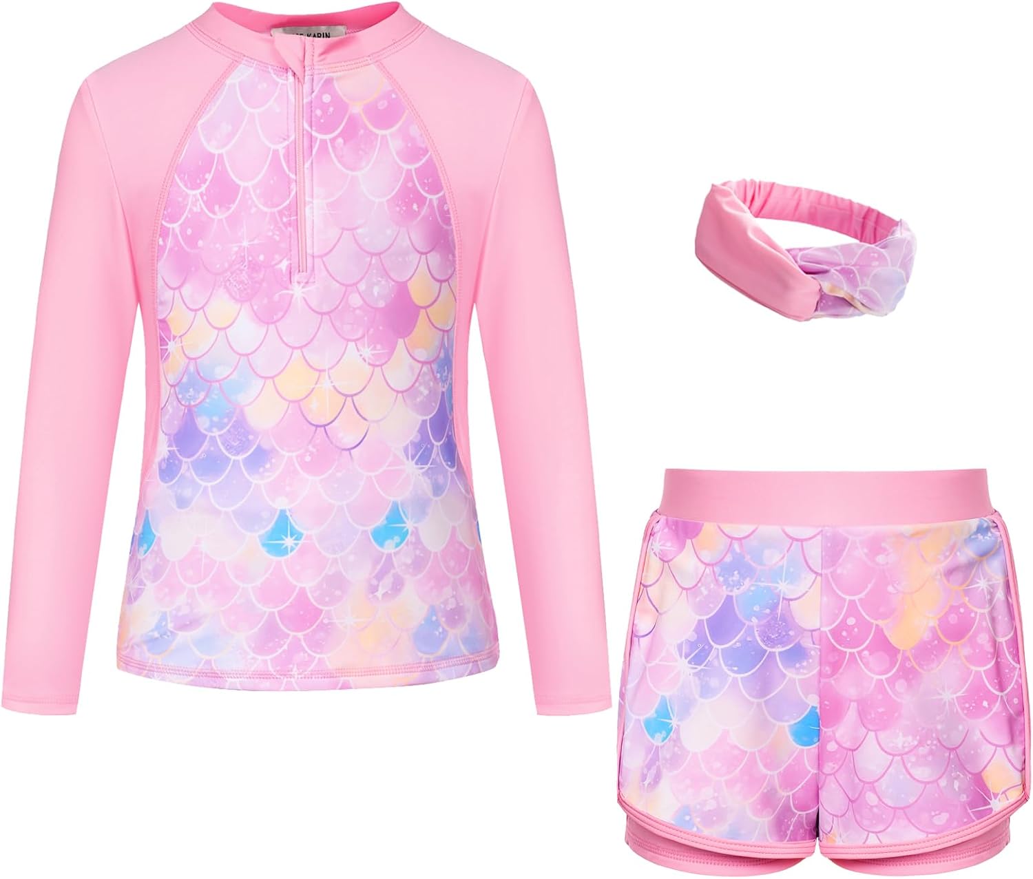 GRACE KARIN Girls 2-Piece Rash Guard Set Long Sleeve Swimwear with Hairband 5-12Y