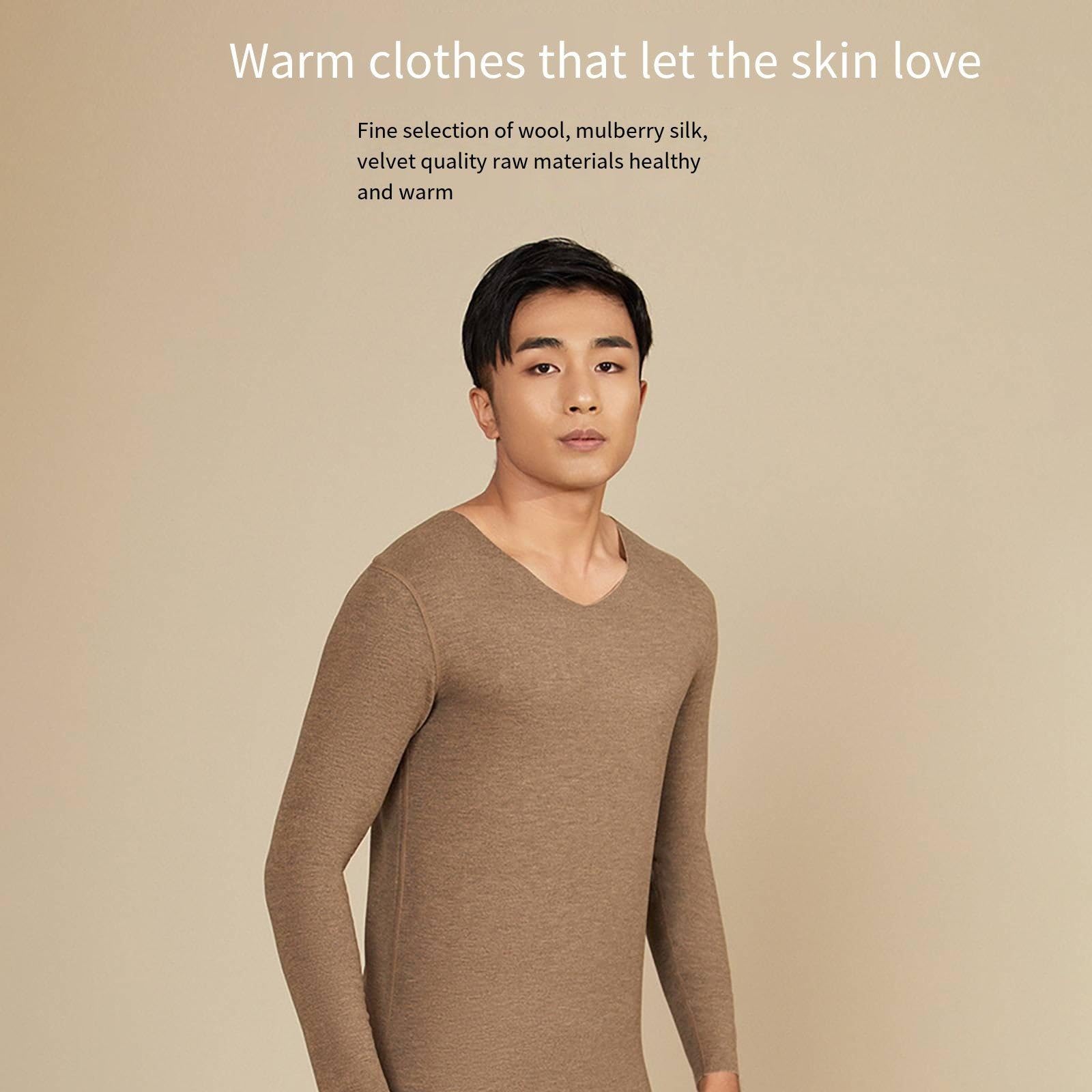 Conjunto de Ropa Interior térmica para Hombre, Top con Cuello en V de Lana de otoño e Invierno, Pantalones calefactores sin Rastro,Brown-XL