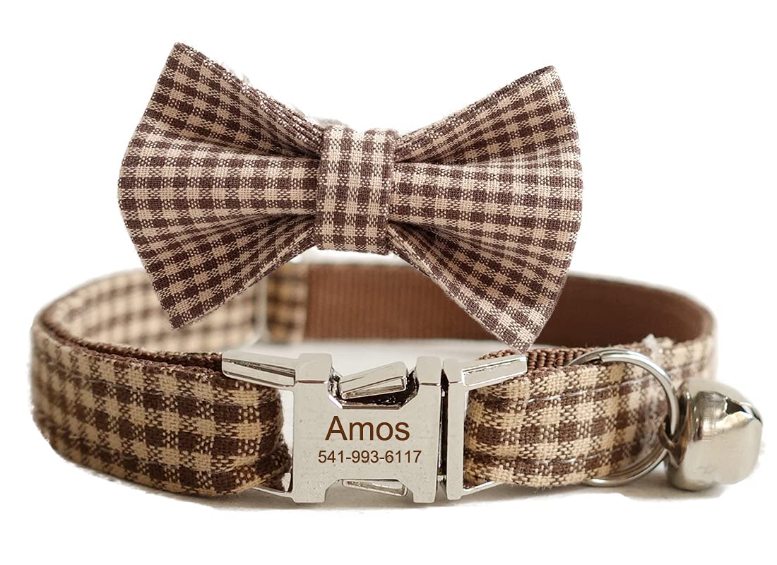 Personalized Kitten Collar with Bell Bowtie, Customized Engraved Small Puppy Cat Name and Phone Number (L, Brown)