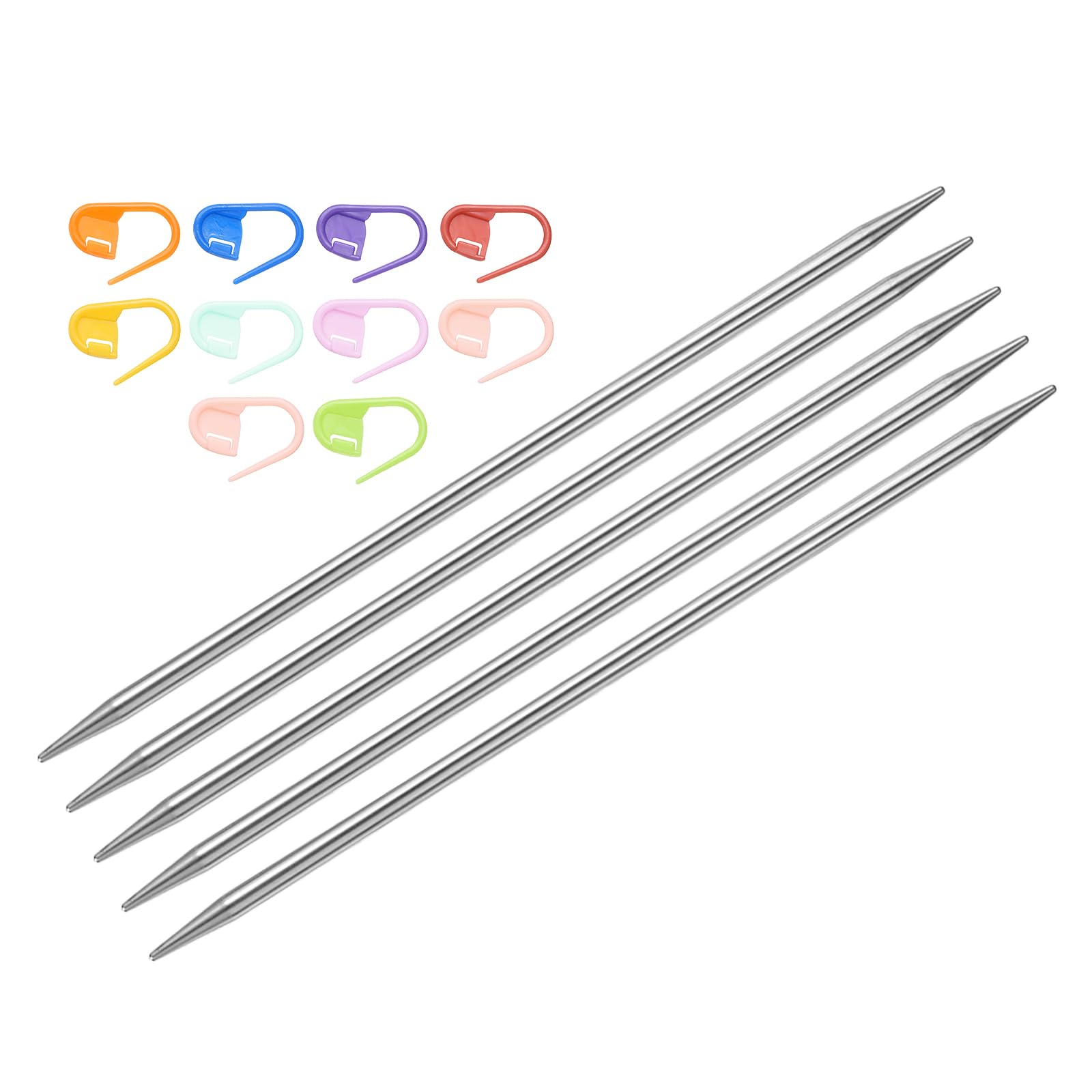 sourcing map 5Pcs Knitting Needle Size US 7(4.5mm) 6 Inches (15cm) Length Stainless Steel Double Pointed Sweater Stitching Needles with 10 Colorful Stitch Markers for Handmade Projects DIY
