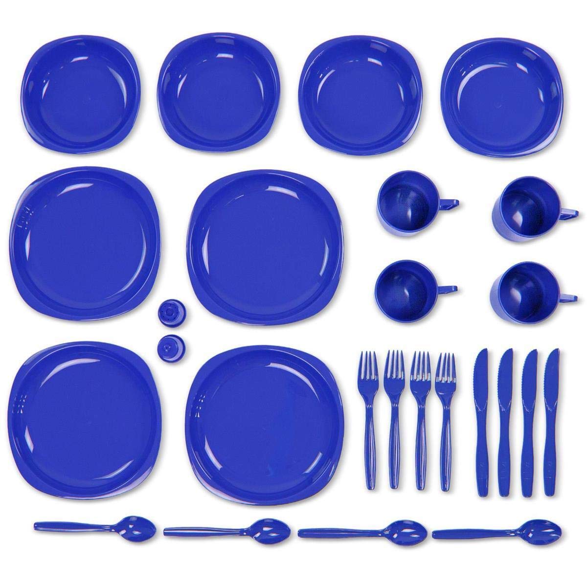 Set di 12 stoviglie da campeggio in melamina, infrangibili, per 4 persone, in plastica, con piatto, ciotola e tazza, colore blu, stoviglie da picnic, accessori da campeggio, lavabili in lavastoviglie