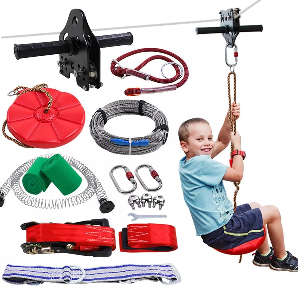 Shopster Zipline for Kids and Adult, Zip line Kits for Backyard with Stainless Steel Spring Brake, Cable Tensioning Kit, Safety Harness, 2 Tree Protectors and Full Set of Zip line (100 FT) Accessories-picture-24