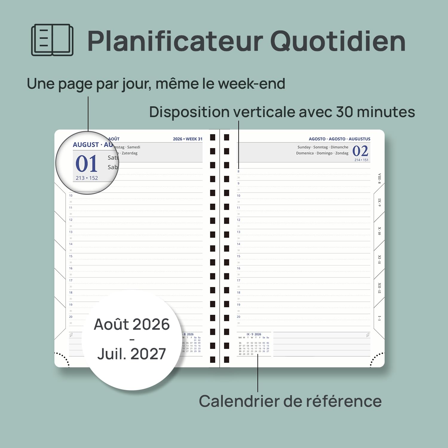 POPRUN Agenda 2026 2027 Journalier Scolaire 21,5 x 14,5 cm，1 Page par Jour D'Août 2026 à Juil 2027 12 Mois，couverture rigide en PU，Onglets Mensuels，Règle-signet，Papier 80g/m²，Vert Minuit