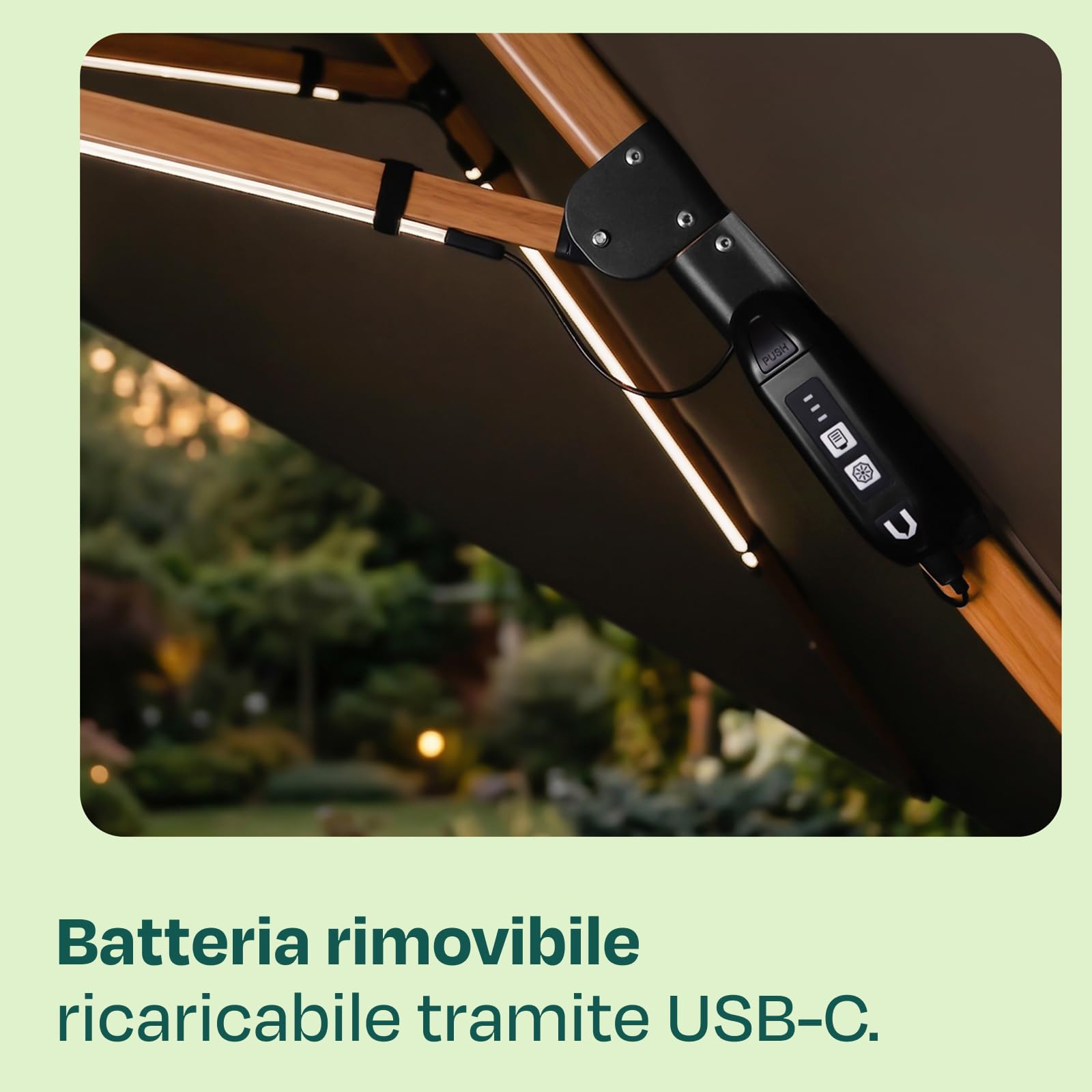 VONROC Illuminazione LED per Ombrellone con 15 Strisce Luminose | Batteria Ricaricabile 2600mAh | Installazione Facile | Compatibile con Power Bank | Per Stecche da 69 cm | Ideale per Giardino e Campe