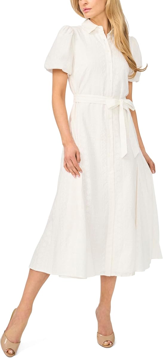 CeCe Women's Short Sleeve Button Front Collared Midi Dress