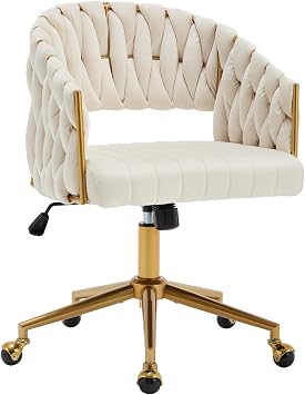 ABET Velvet Vanity Chair with Wheels, Swivel Bedroom Nail Chair, Beige