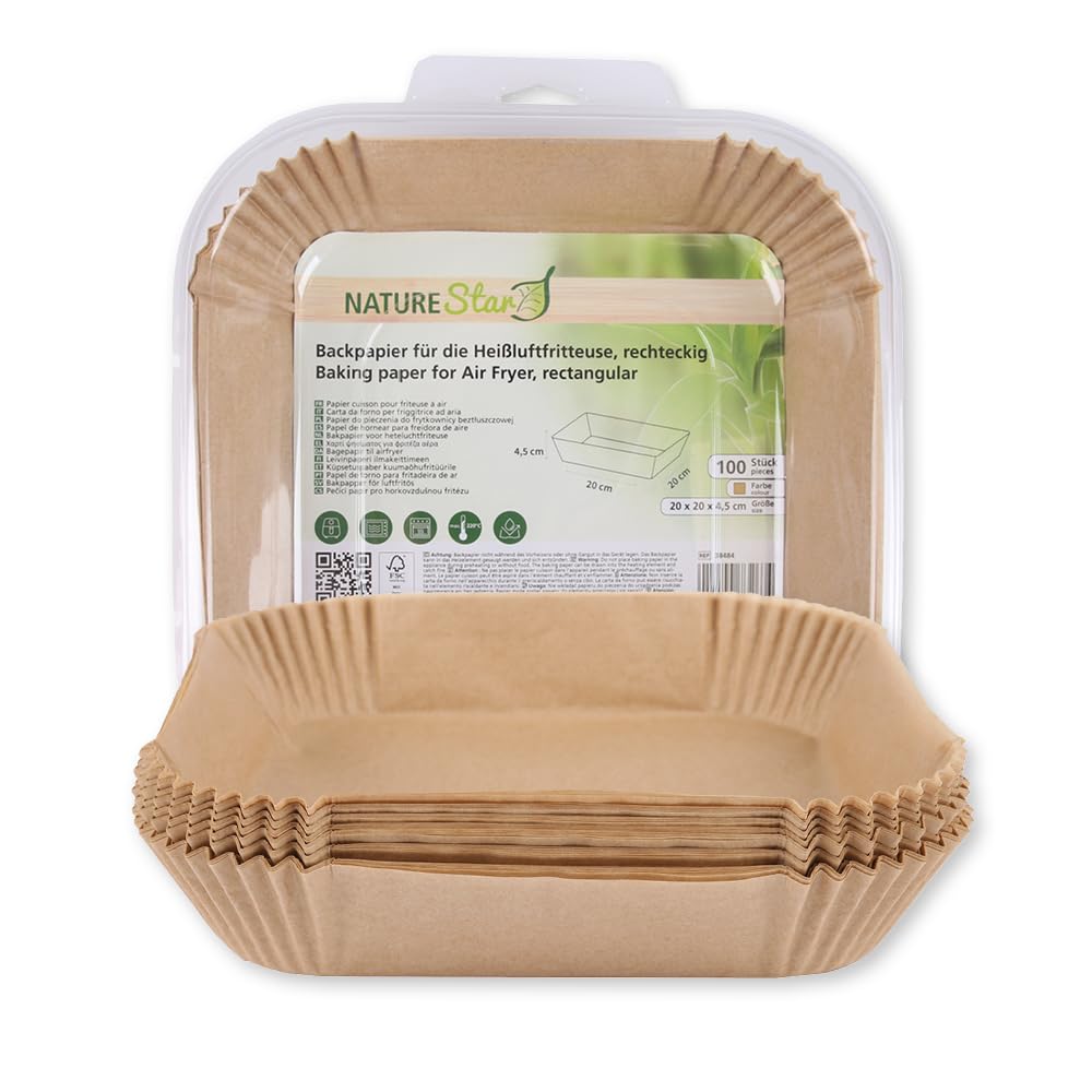 NatureStar Backpapier für Heißluftfritteuse, rechteckig, 1000 Stück, Papier, ungebleicht, braun, mit erhöhtem Rand (L: 20cm, H: 4,5cm, B: 20cm, 1000, stück)