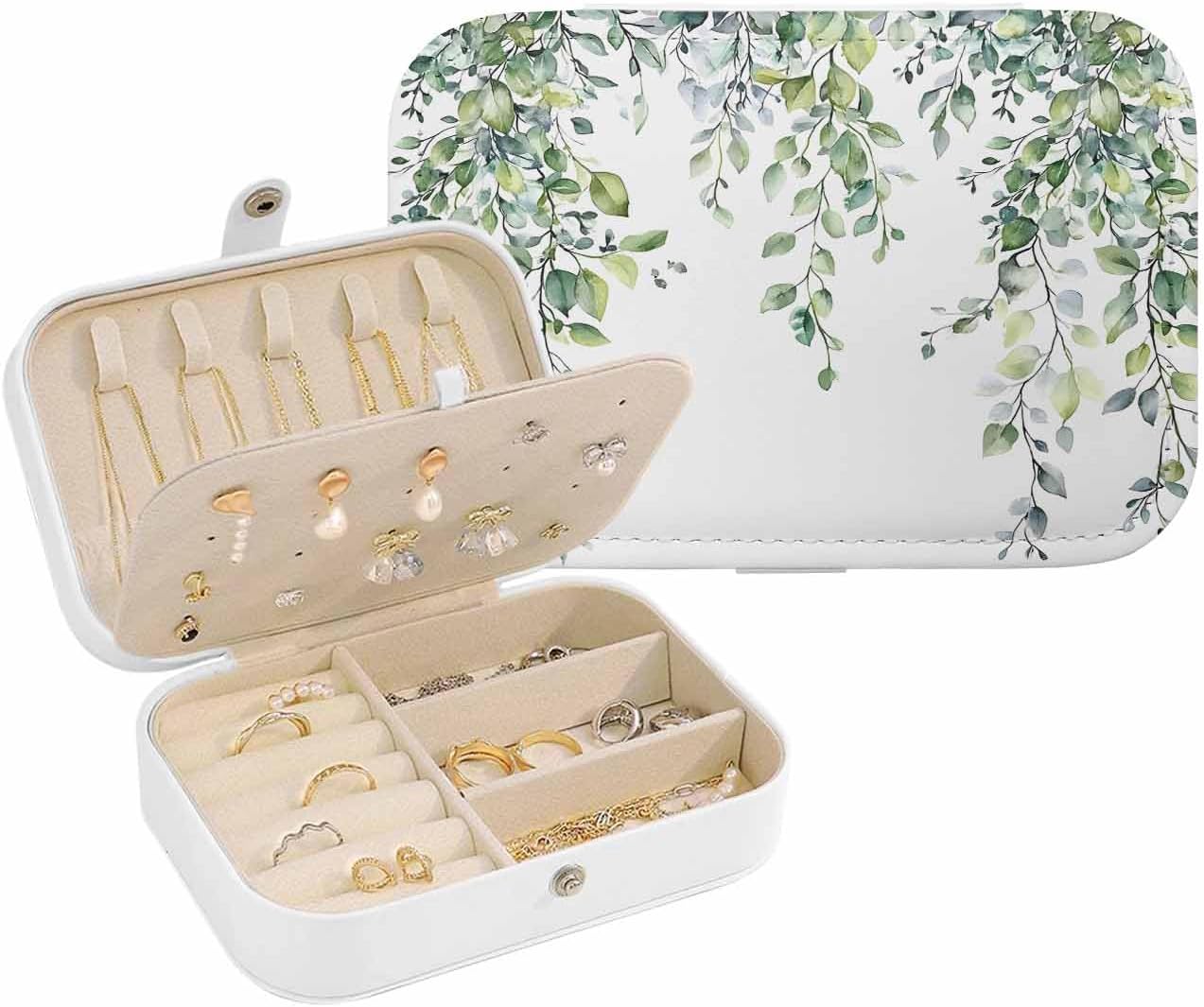 Green Eucalyptus Leaf Jewelry Organizer and Storage Box, Portable Travel Jewelry Box for Women, PU Leather Large 6.3x4.3x2 Inches Spring Botanical Leaves Floral Earring Necklace Storage Case