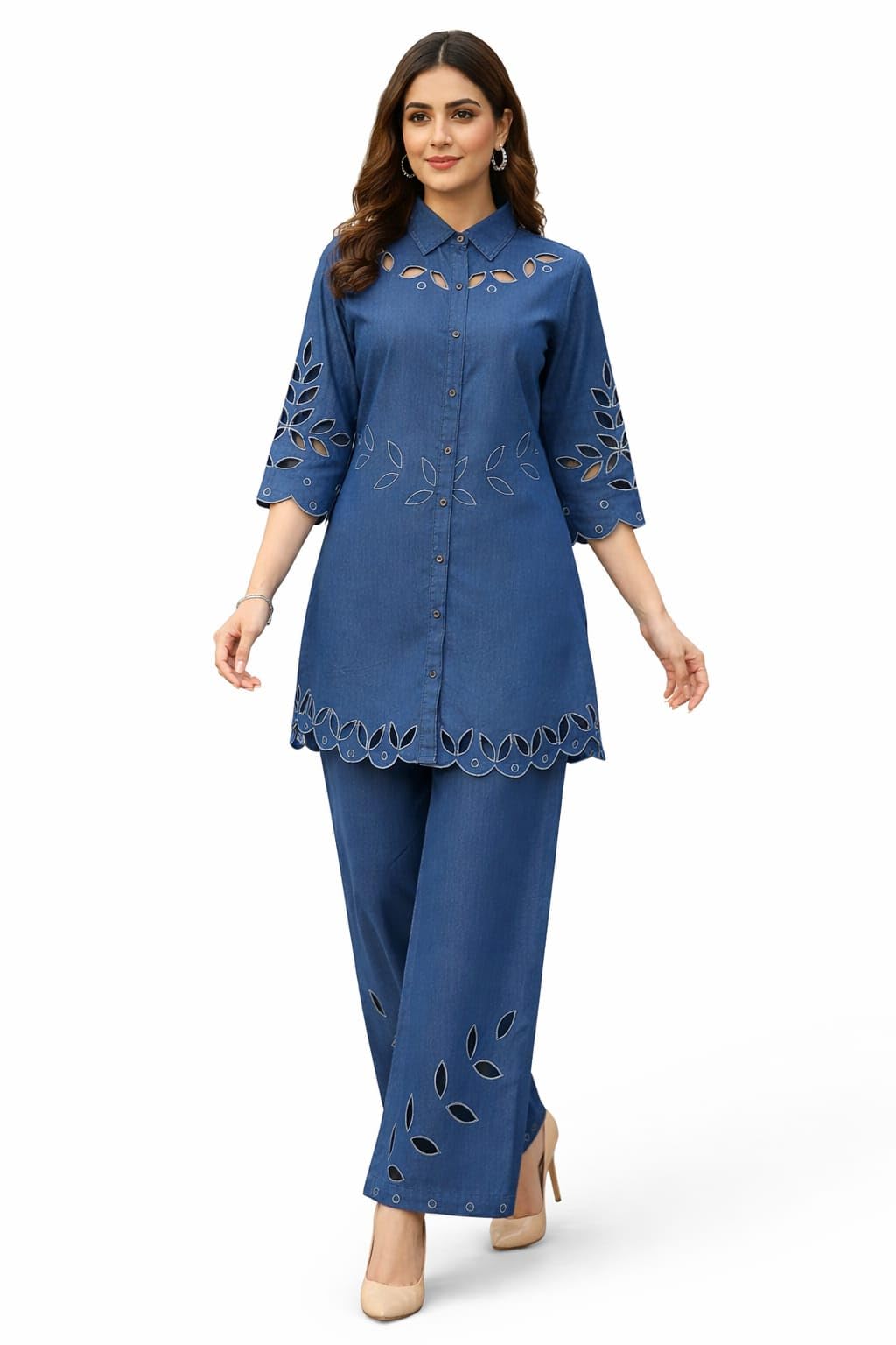 Women Denim Co-Ord Set | Embroidered Top & Pant Set | Casual Stylish cut work Kurti Pant Set | 3/4 Sleeve Shirt Style Top | Regular Fit | Daily Wear Outfit for Women-image-32
