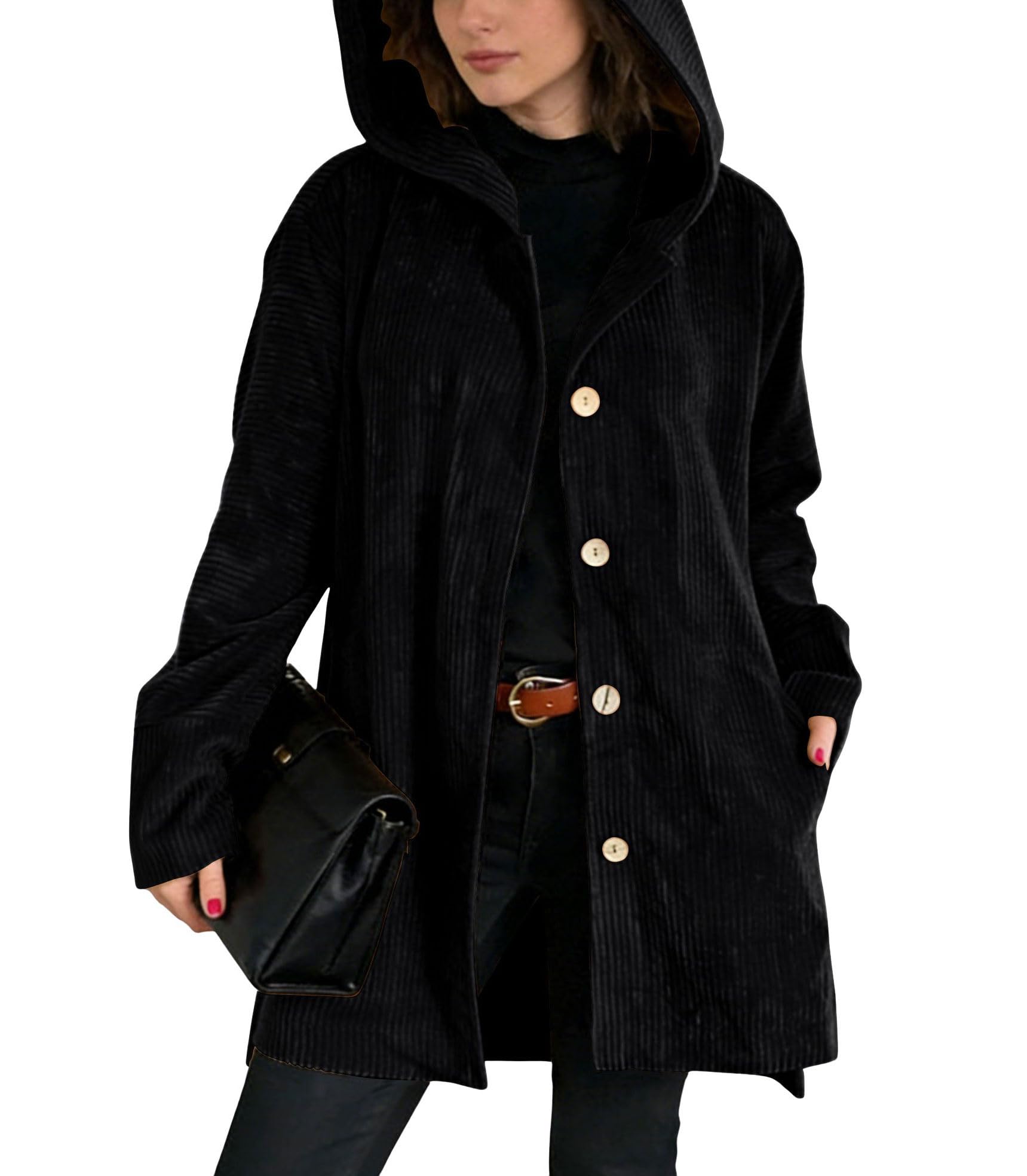 chouyatou Womens Spring Fall Corduroy Jacket with Hood Casual Loose Button Down Hooded Corduroy Trench Coat Outerwear