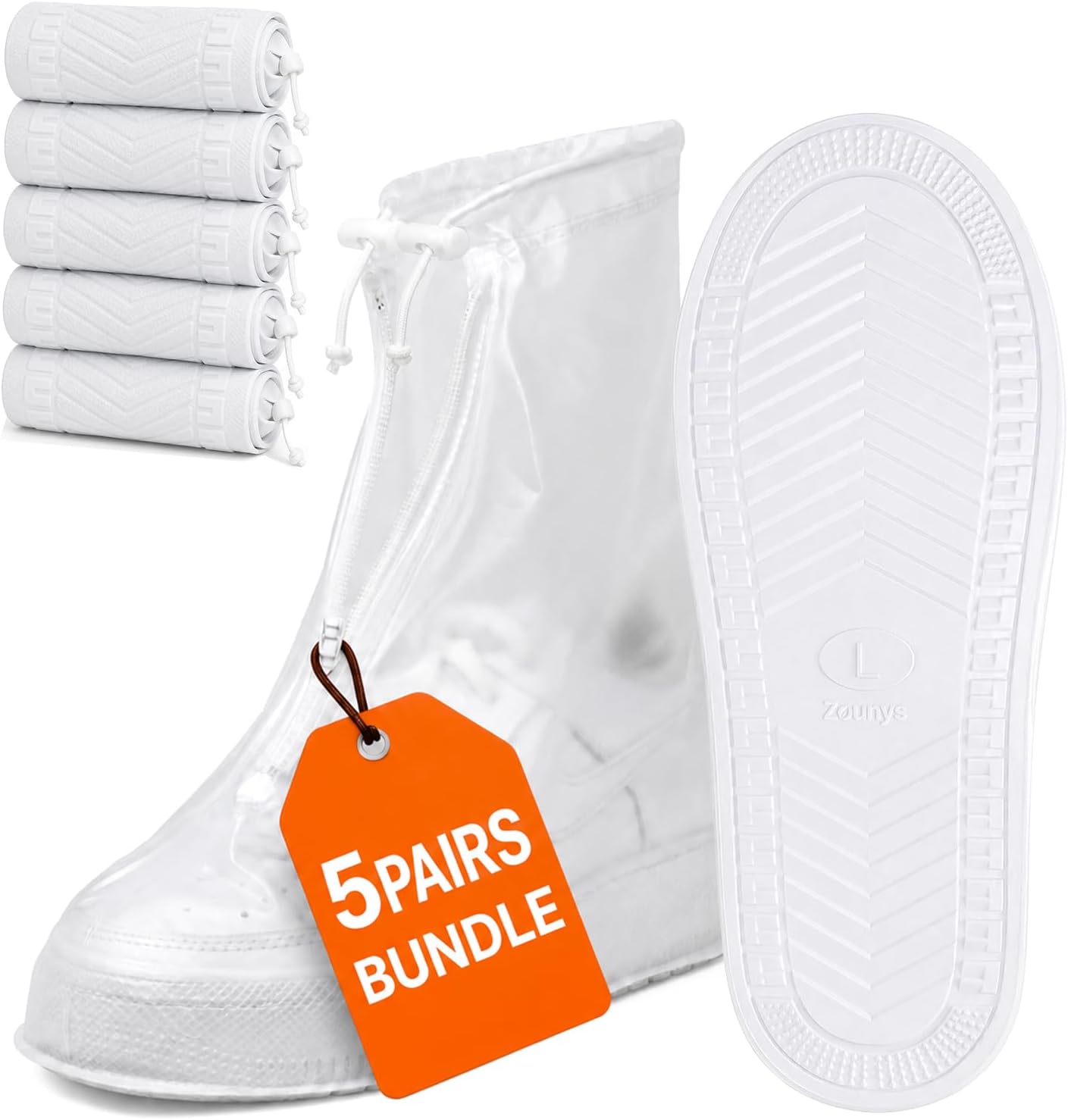 5Pair Reusable Foldable Rain, Overshoes Waterproof Galoshes Shoe Covers with Non-Slip Sole and Zipper for Men Women, Walking, Fishing, Gardening, Camping, Outdoor Work (White, Large)