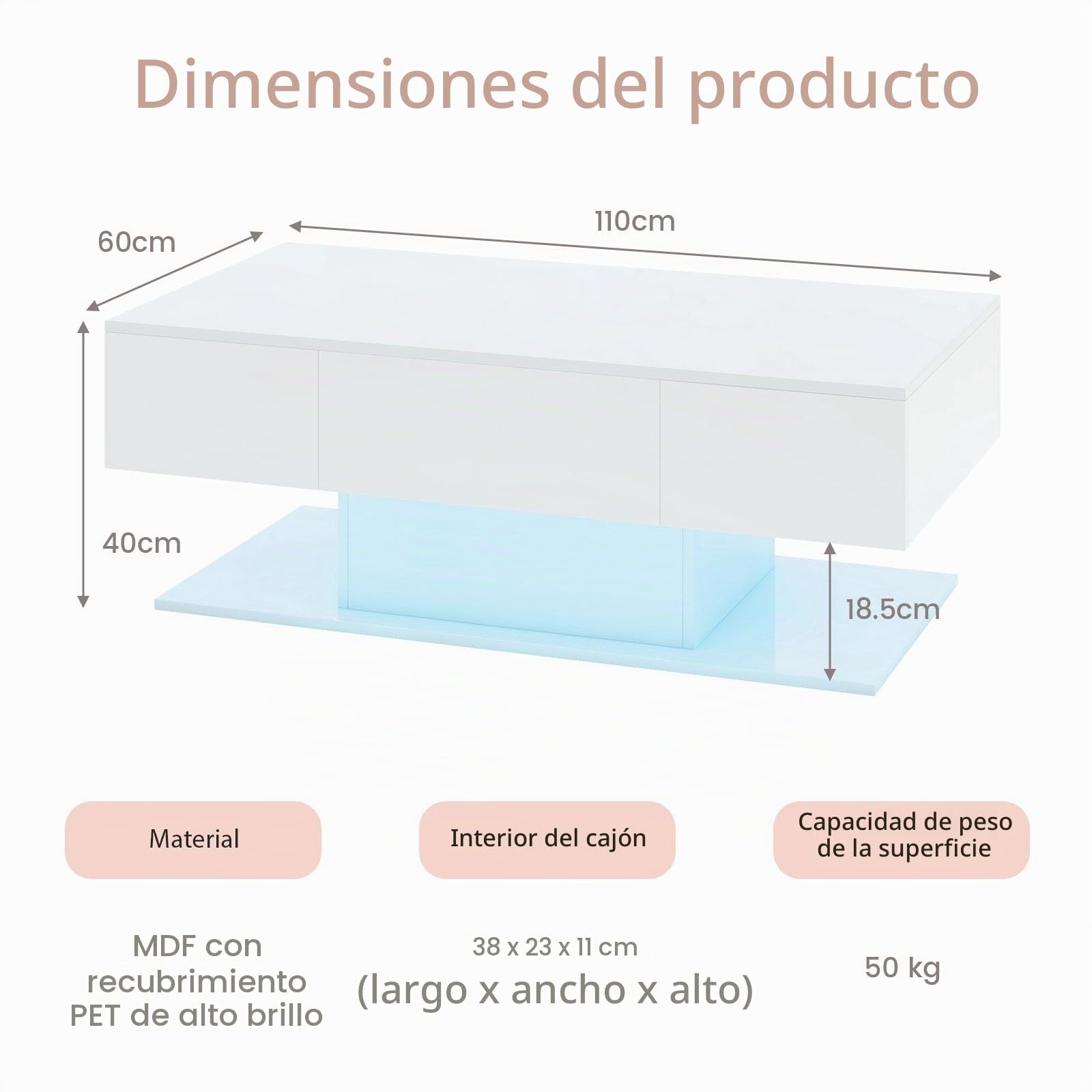 LIFEZEAL Mesa de Centro con LED, Mesa de salón Alto Brillo con Tira de luz y Mando a Distancia, Mesa de café Moderna con 2 cajones, Mesa Centro Iluminado para salón, Oficina (Blanco)