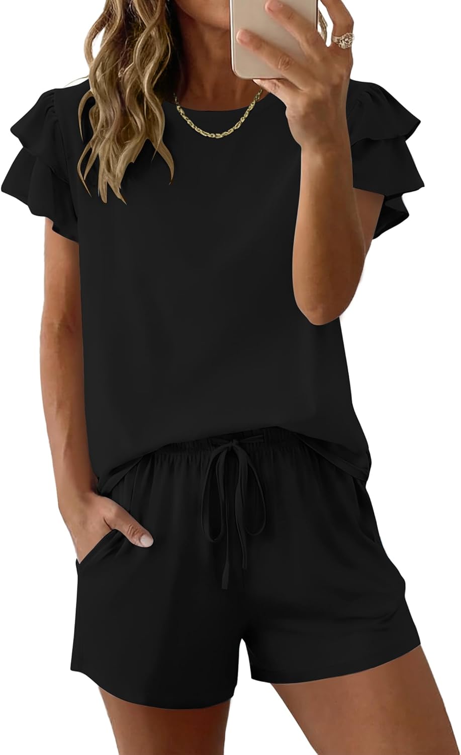 Ekouaer Womens Pajama Sets 2 Piece Ruffle Sleeves Top and Shorts Pjs Soft Sleepwear Cute Loungewear set with Pockets