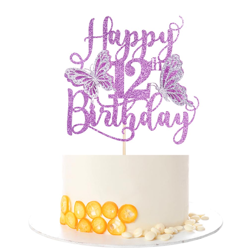 Kaoenla 3D Butterfly Happy 12th Birthday Cake Topper, Glitter Butterfly Theme 12 years old/twelve Birthday/Anniversary Party Cake Decor Supplies(12th,