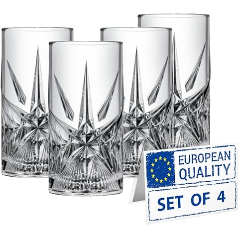 Biandeco Crystal Highball Glasses Set Of 4, Premium Tall Cut Glass Cups for Cocktail, Long Drink, Water, Juice, Ice Tea, Mojito, 12 oz Crystalin Bar Glassware Cover