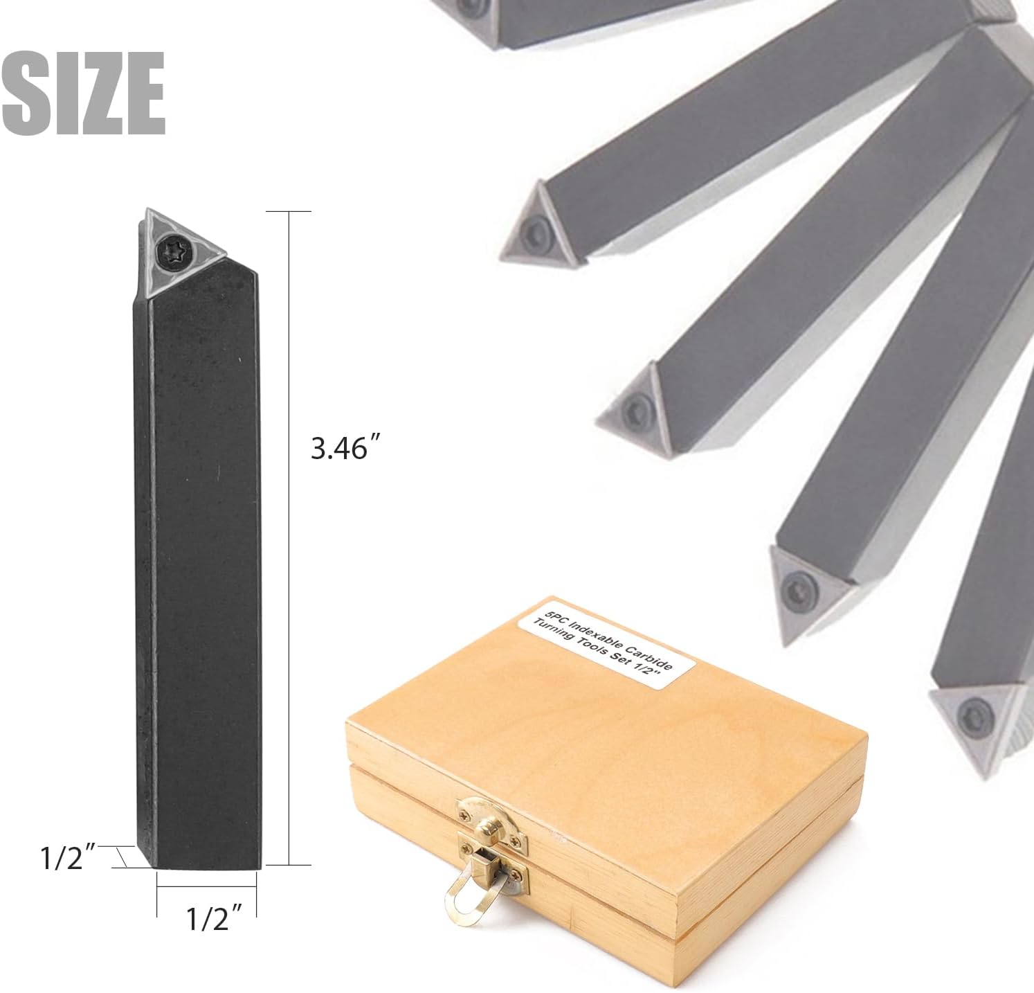 5PCS Indexable Carbide Turning Tools Set 1/2" AL/AR/BL/BR/E Style for Turning, Facing, Boring, Chamfering - Fits Most Mini Lathes and Bench Top Machines